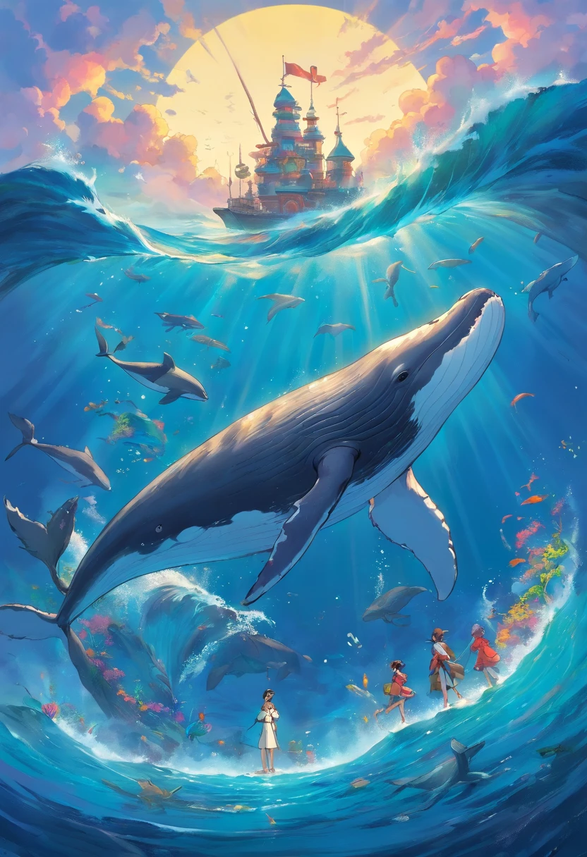 Beautiful whales,anthropomorphic turtle,Warriors,Fantastical colors,Natural,Take the Sea King Trident,Standing on the sea with your waist crossed
