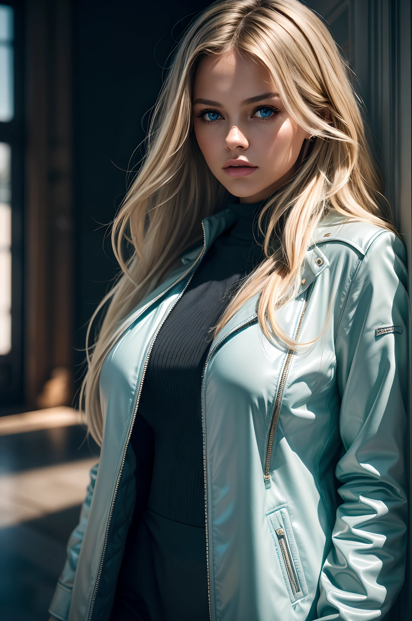 Kristina Pimenova, dress, coat, shirt, jacket, ultra detailed face, skinny body, white skin, long platinum blonde wavy hair, (detailed light blue eyes, masterpiece), ((front view)), (((giant breasts))), photorealism, high contrast, photorealistic, photo, masterpiece, realistic, realism, photorealism, high contrast, photorealistic digital art trend on Artstation 8k HD high definition detailed realistic, detailed, skin texture, hyperdetailed, realistic skin texture, best quality, ultra high resolution, (photorealistic: 1.4), high resolution, detailed, raw photo, sharp re, camera kodak portra 400 lens f1.6 rich colors hyper realistic texture dramatic lighting irrealengine trend in artstation cinestill 800.