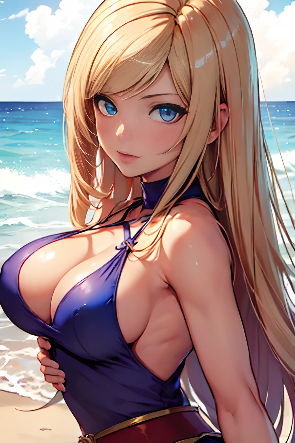 (masterpiece, best quality,), beautiful detailed eyes, extremely detailed face, perfect lighting, ((perfect hands,perfect anatomy)), 1girl, solo, dress,side slit, b. jenet from king of fighters, beach, thick, big breast,