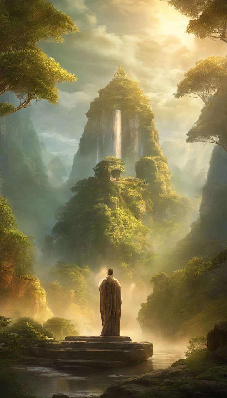 A giant, A realistic depiction of the stone statue of Jiro God, Blend seamlessly with nature, surrealism, Ultra-detailed, Photorealistic:1.37, 3D rendering of, Cinematic lighting, Divine light, Ultra-high definition, Masterpiece:1.2, Textured skin, Best quality, high resolution
