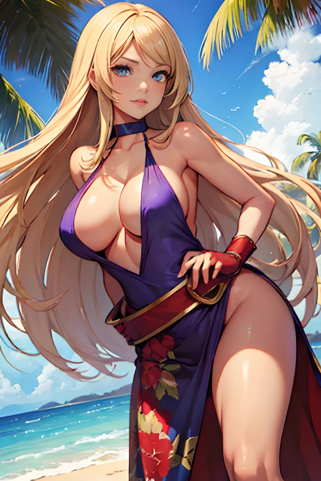 (masterpiece, best quality,), beautiful detailed eyes, extremely detailed face, perfect lighting, ((perfect hands,perfect anatomy)), 1girl, solo, dress,side slit, b. jenet from king of fighters, beach, thick, big breast,