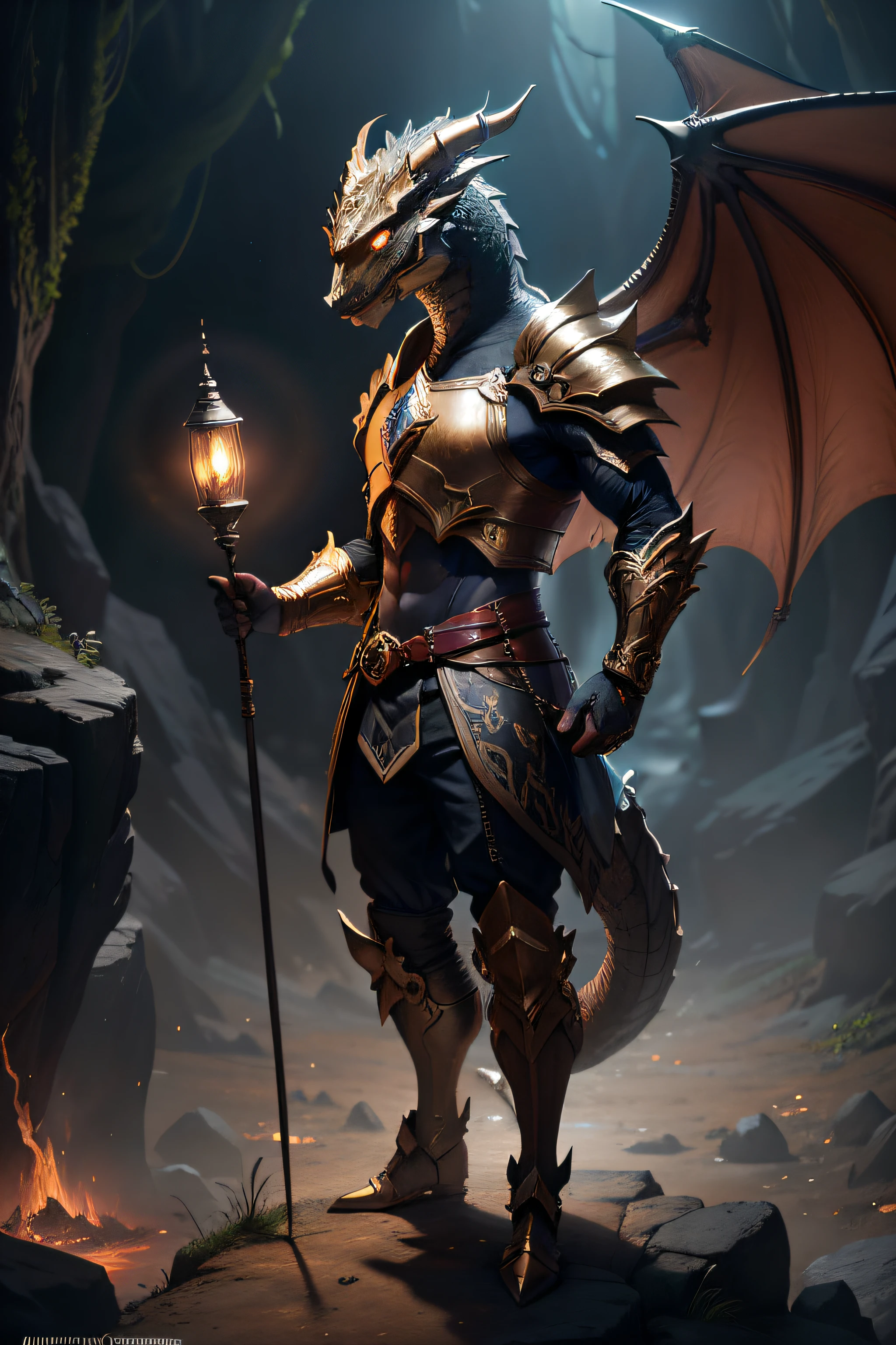 Inspiring image of dragon guide, Dragon head man，standing on her feet, Hold the flashlight with one hand, Vestindo armadura dourada e preta, Arte de fantasia, High detail, Cinematic lighting, deus luz, hiper HD, A high resolution, corpo inteiro, armadura de bronze