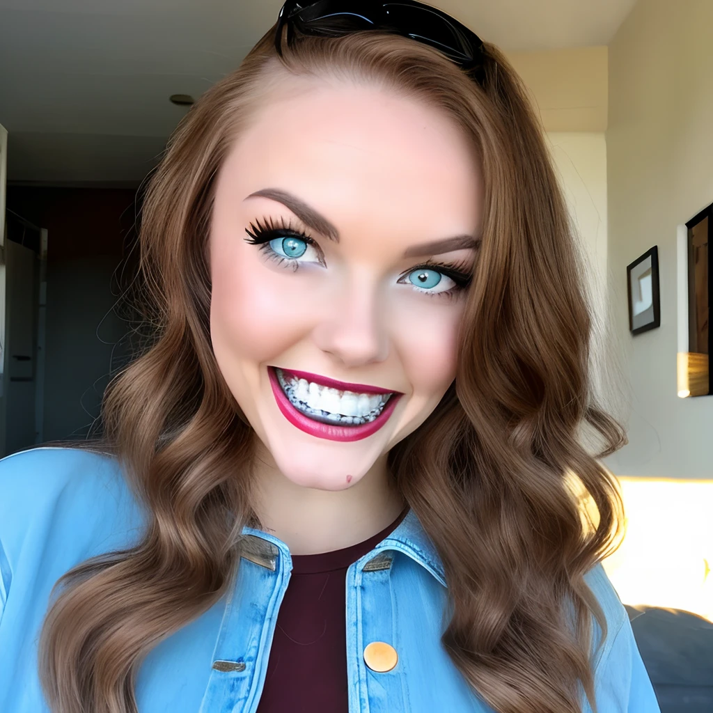 Vicious looking woman baring white teeth. 6"3, 196 lbs with an athletic build. Denim top. Very thin nose and lips. Big Blue Eyes. Long light brown hair. Blue jean shorts and black knee high riding boots.