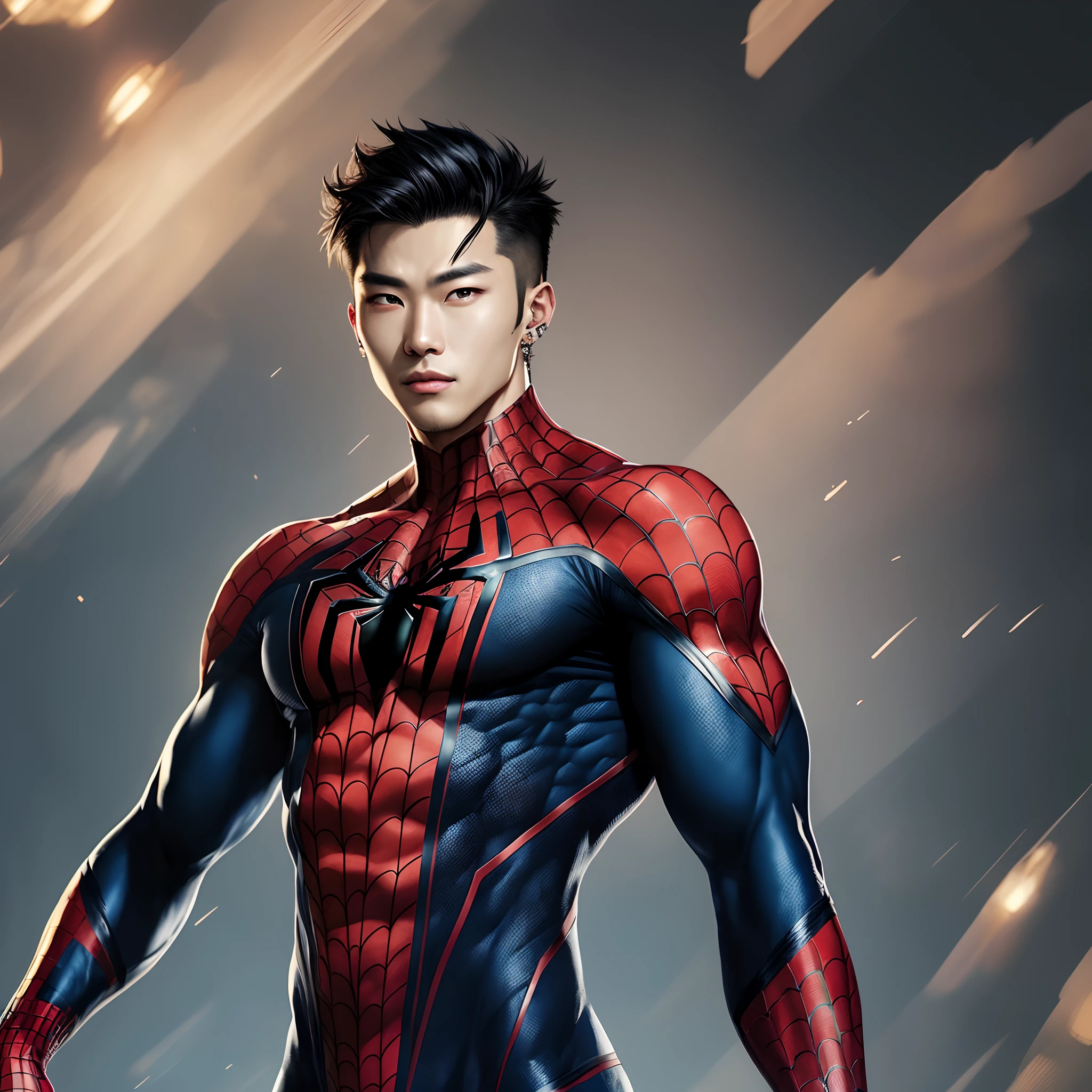Make me a marvel comic art style, A Korean man with black hair, dark brown eyes, his face model is Sunghoon from Enhypen, He wears a black Spiderman suit, has piercings on both ears, siren eyes, show full body