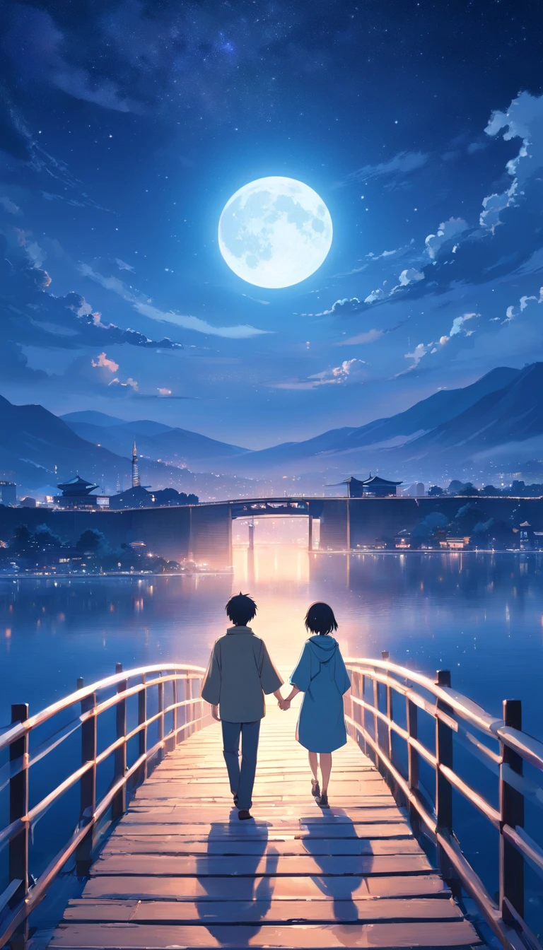 Moonlit Alafis with a bridge and a couple, a picture inspired by Zhu Derun, trending on pixabay, romanticism lain, holding hands in the moonlight, moonlight snowing, illustration!, Moonlight snow, boy girl traditional romance, xianxia fantasy, Chinese fantasy, beautiful moonlight night, background-image, Chinese style, moonlit night dreamy atmosphere