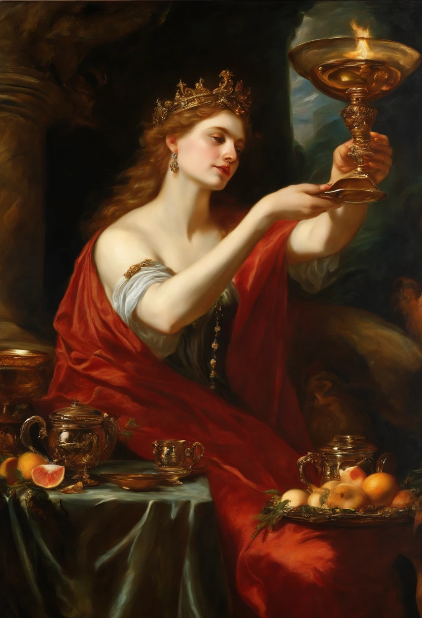 Circe Offering the Cup to Ulysses by Peter Paul Rubens, acrylic on canvas, highly detailed art, intricate, flawless, 32k, uhd, Best quality, top notch quality,