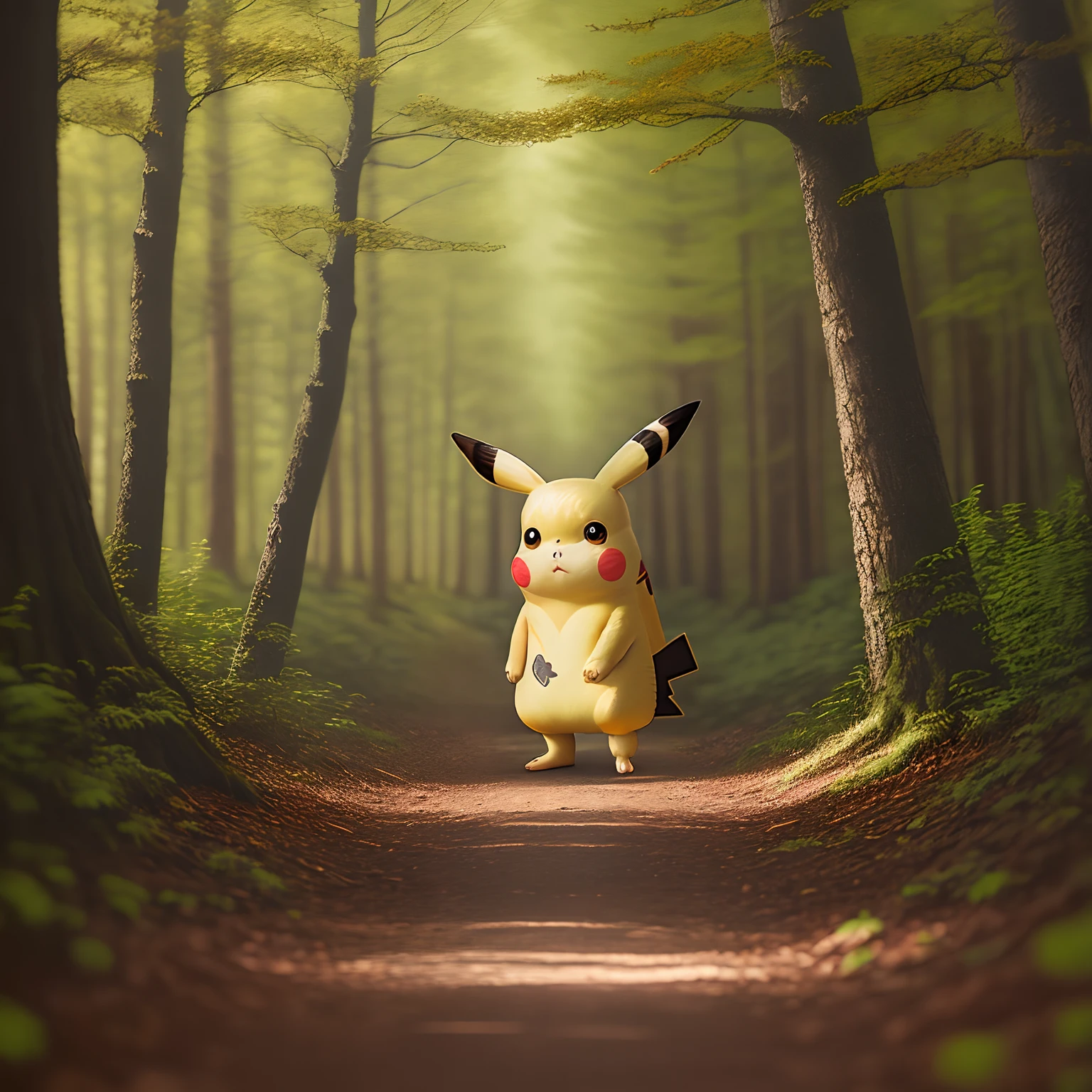 Pikachu standing in the woods, the photo is in an oil painting style