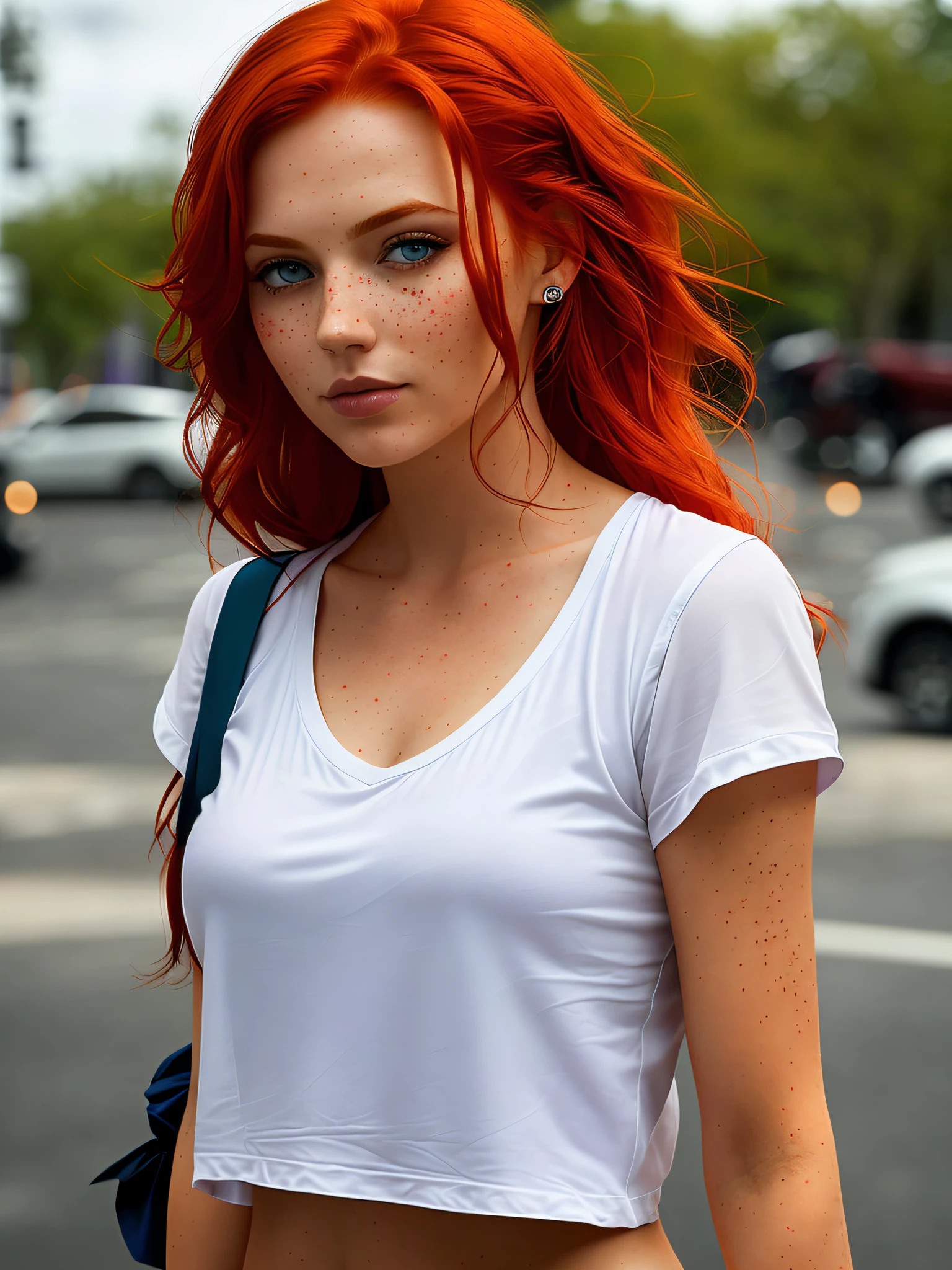 a 17mm ultrawide angle, portrait of a (redhead:1.2) staying on the street of modern city, : white shirt, visible through the white top t-shirt, slate atmosphere, lightroom, 35mm film, cinematic, dimmed colors, dark shot, muted colors, film grainy, lut, insane details, intricate details, hyperdetailed, closeup, twilight, With her fiery red hair cascading like molten silk, slender fit build . Her lightly tanned skin is adorned with freckles. Bright blue eyes.