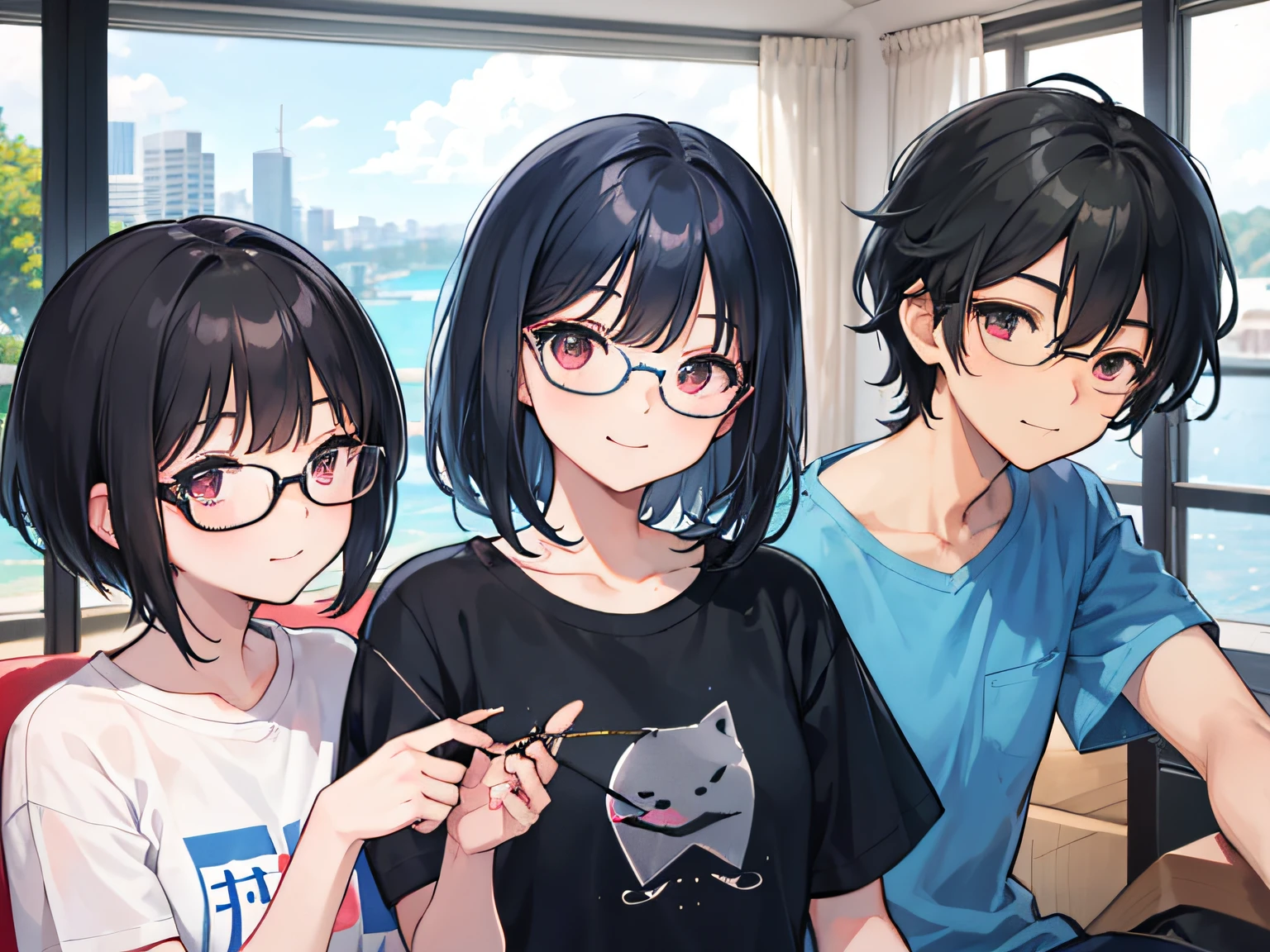 A young Japanese couple at the Sydney Opera House, The husband has black hair,By bangs, wears glasses, and a blue T-shirt. The wife has medium-length black hair, wears glasses, and a pink T-shirt. They all had smiles on their faces. No beard, No children.