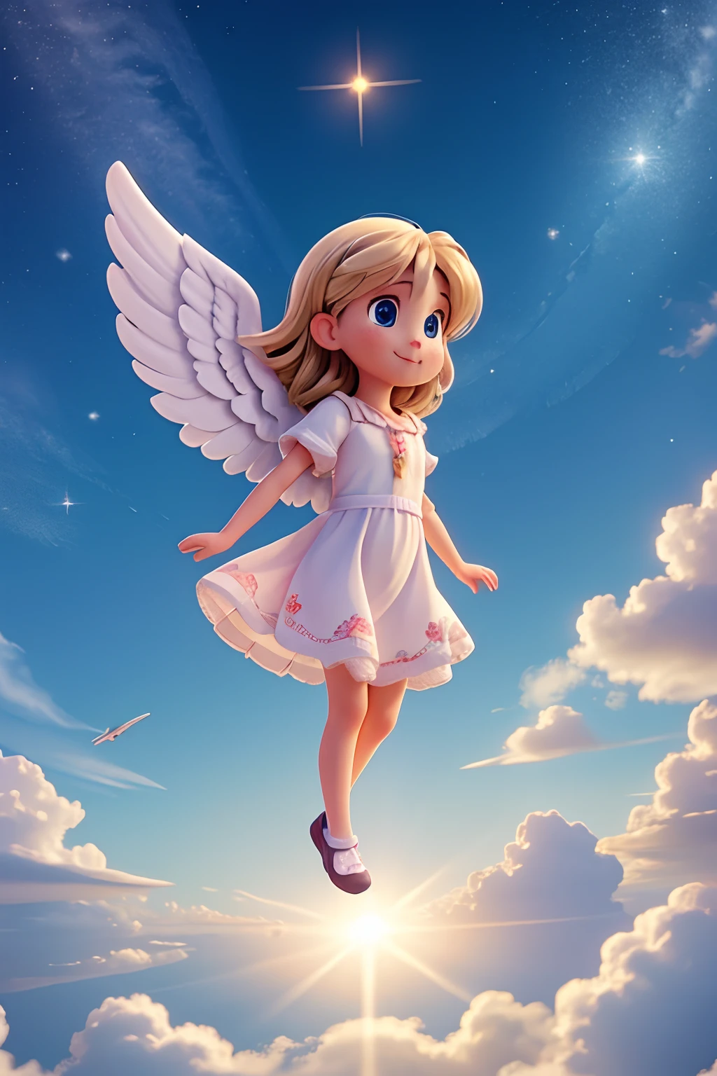 Cute angel flying in the sky in the center of the image