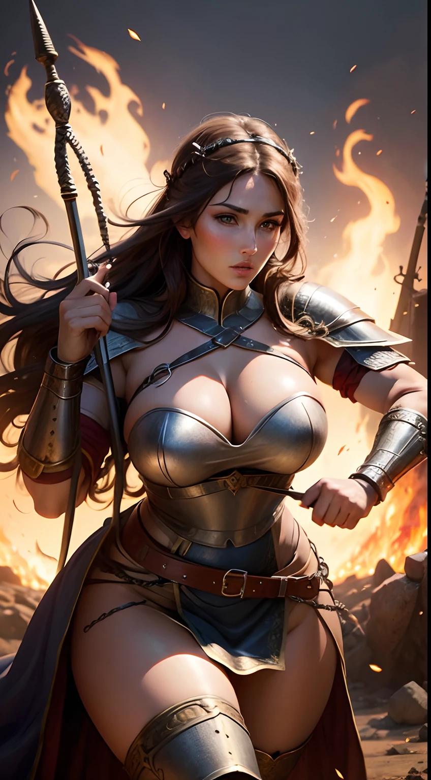 Lucy pinder as a female warrior in medieval clothing, bow and arrow, chain mail armour, large breasts, in battleground, fire in background