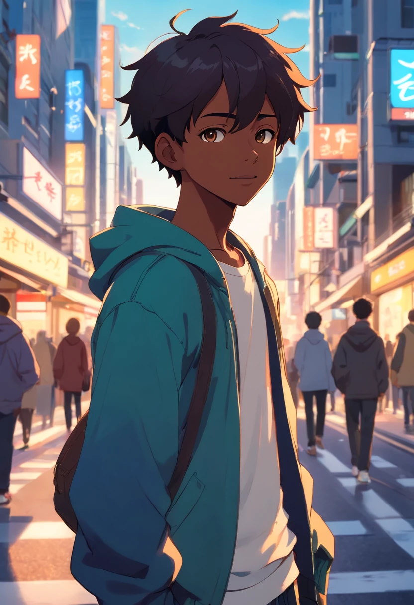 A black boy, transformed into an anime style, with exaggerated unique facial features and clothing, standing on a bustling city street, backlit background highlighting the subject, high-contrast colors, 4K high-definition quality，young, smiling, handsome