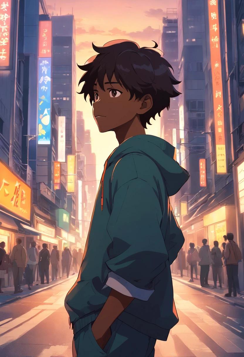 A black boy, transformed into an anime style, with exaggerated unique facial features and clothing, standing on a bustling city street, backlit background highlighting the subject, high-contrast colors, 4K high-definition quality，young, smiling, handsome