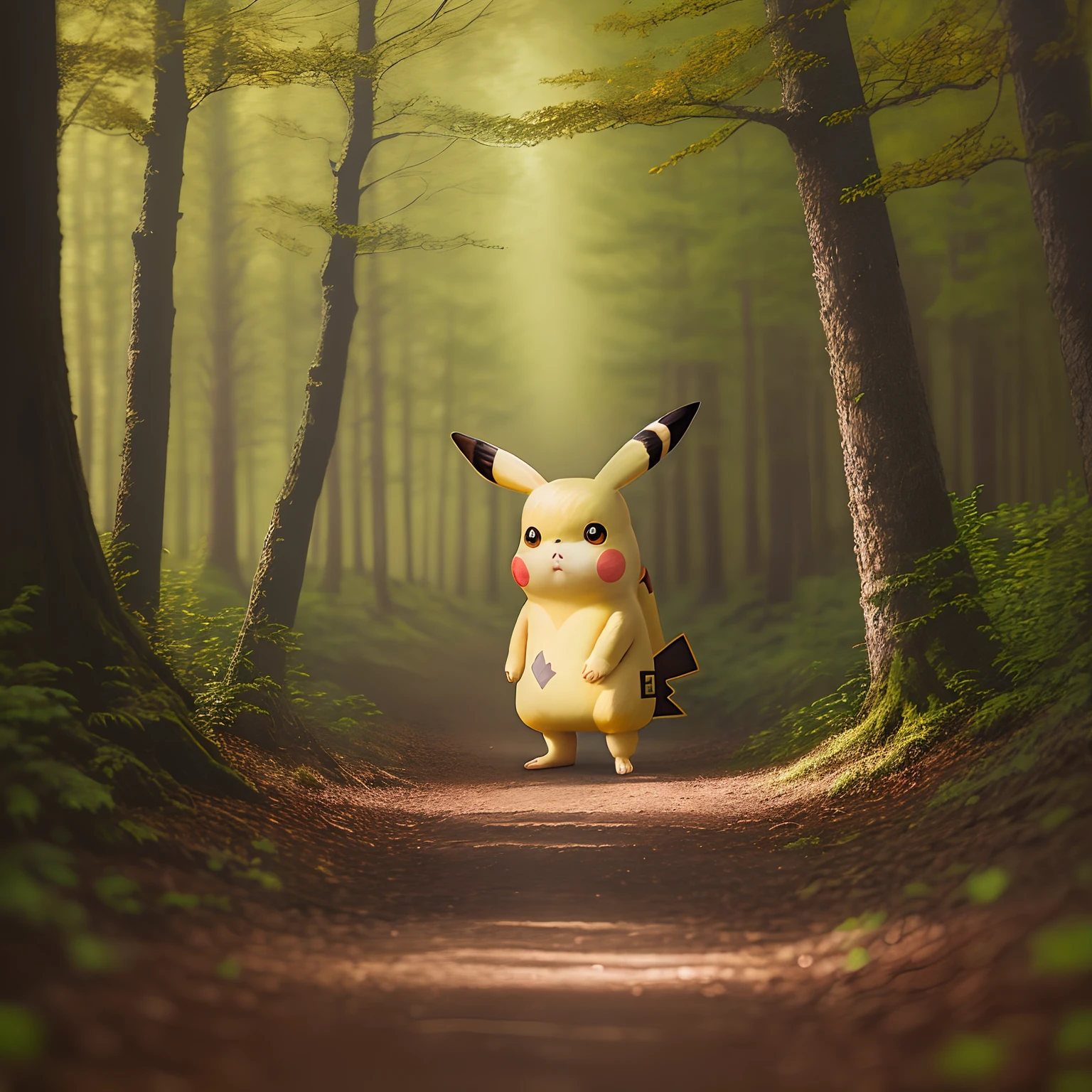 Pikachu standing in the woods surrounded by fog on an early morning, the photo is in an oil painting style