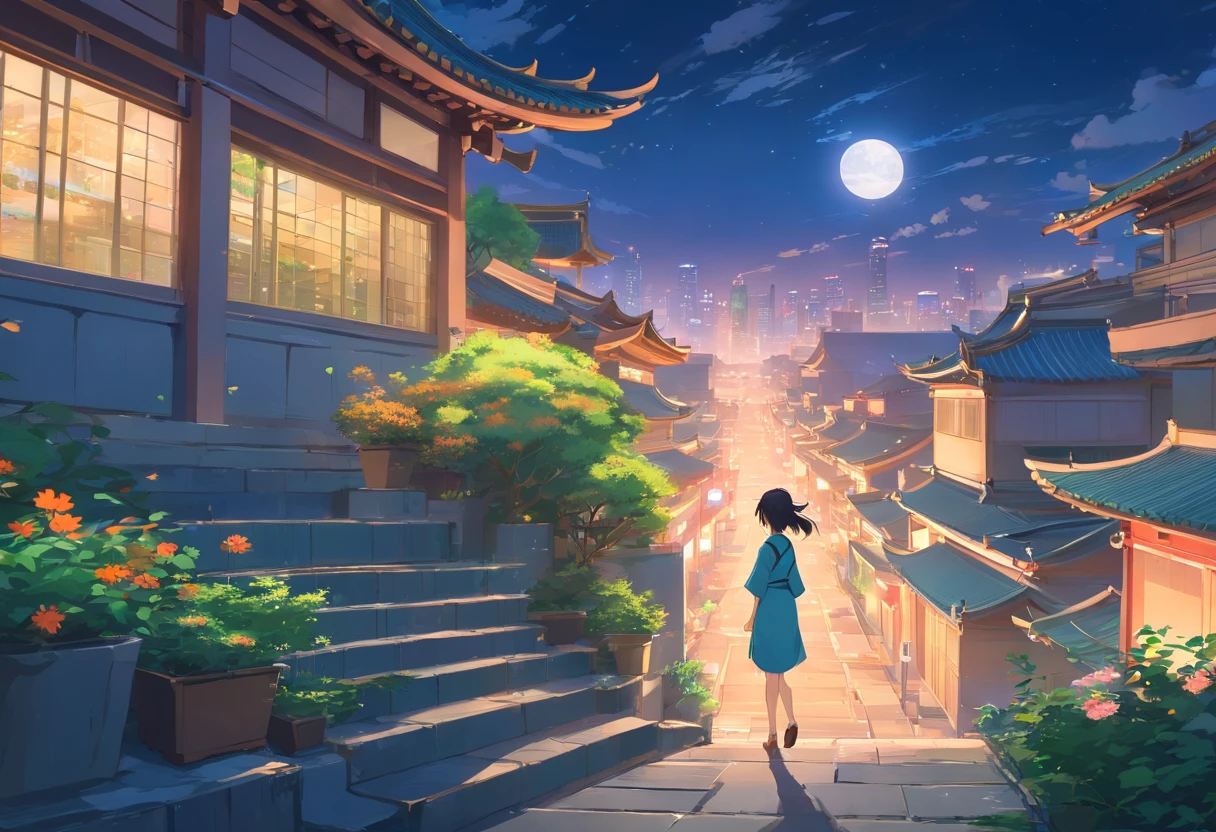 Best quality at best，tmasterpiece，The is very detailed，Face details，8K, detailed back ground，Sleeping blonde girl，There are no characters，There are no humans，There are no characters，There are no roles，Pure landscape view，独奏，Chinese city，Chinese service，the night，themoon，scenecy，high place，horizon，ventania，wind blown，flowerbed