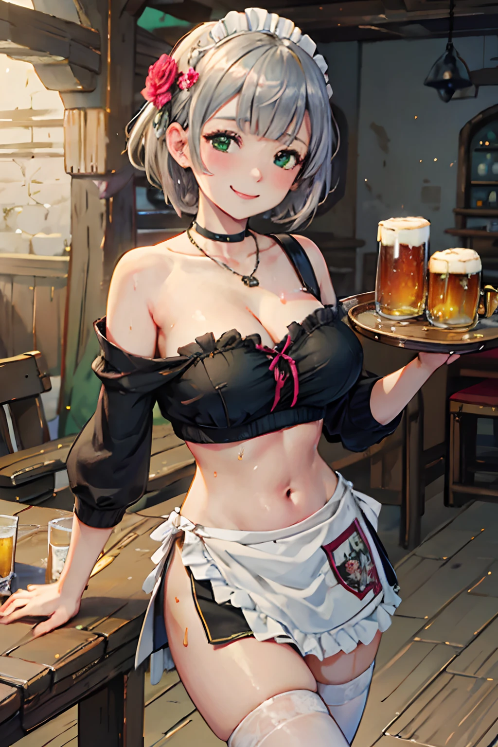 nsfw, masterpiece, 1 girl, erect , intricately detailed, topless, pubs, table, crowd, navel, bare shoulders, necklace, beer, tavern, inn, pub, crowd, maid skirt, waist apron, gray hair, embarassed, smiling, extremely detailed, photorealistic, octane render, 8 k, unreal engine, bare breasts, , green eyes, carrying beer tray, bare stomach, sweaty, people on background, oktoberfest, smiling, moist breath, child, arm strap, breasts, noelle_genshin, braid, short hair, hair flower, armored skirt, knight skirt