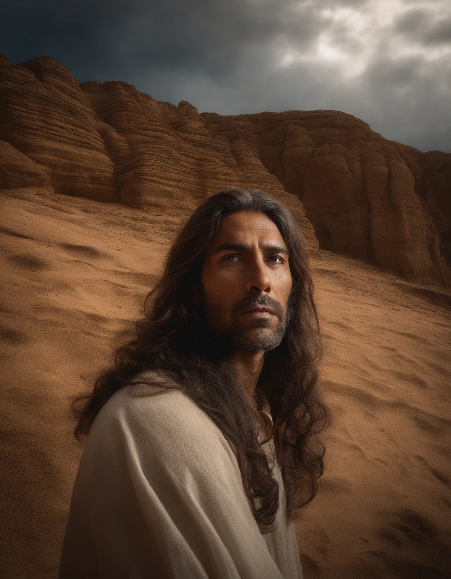 Uma foto fotorrealista capturando Jesus de nazare em um cavalo, with a panoramic view looking directly at Him. ((Crown of glory on the head)). The focus of the image is on the face of Jesus as He looks down at the earth, ele vem para resgatar os irmaos. The scene takes place in the sky, com varias nuvens e anjos ao fundo. Lighting should be dramatic, enfatizando a intensidade emocional do momento, with rays of sunshine breaking through the clouds to create a sense of divine presence.