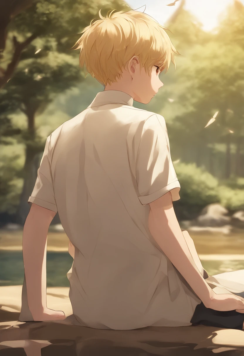 masterpiece, best quality, high quality, 1boy,10yo, , duo, male focus, full body, looking at viewer, light yellow hair, brown eye,spiky hairstyle, short hair, steam smork, japan style, anime coloring, shy, home muji style, detailed face, topless, sweat,  rear view, tight butt