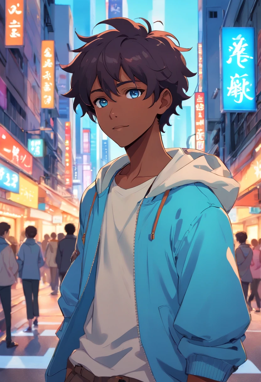 A black boy, transformed into an anime style, with exaggerated unique facial features and clothing, light blue eyes and dark curly hair, standing on a bustling city street, backlit background highlighting the subject, high-contrast colors, 4K high-definition quality，young, smiling, handsome