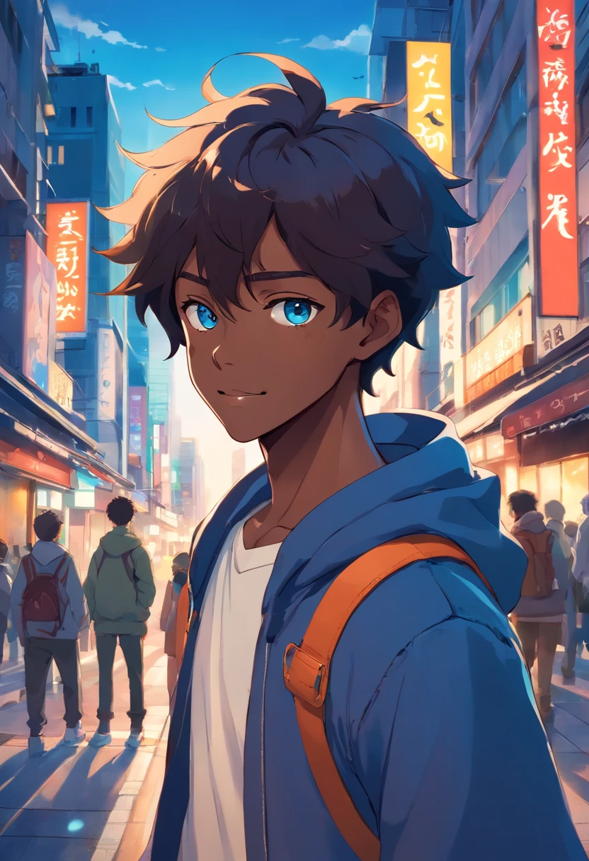 A black boy, transformed into an anime style, with exaggerated unique facial features and clothing, light blue eyes and dark curly hair, standing on a bustling city street, backlit background highlighting the subject, high-contrast colors, 4K high-definition quality，young, smiling, handsome