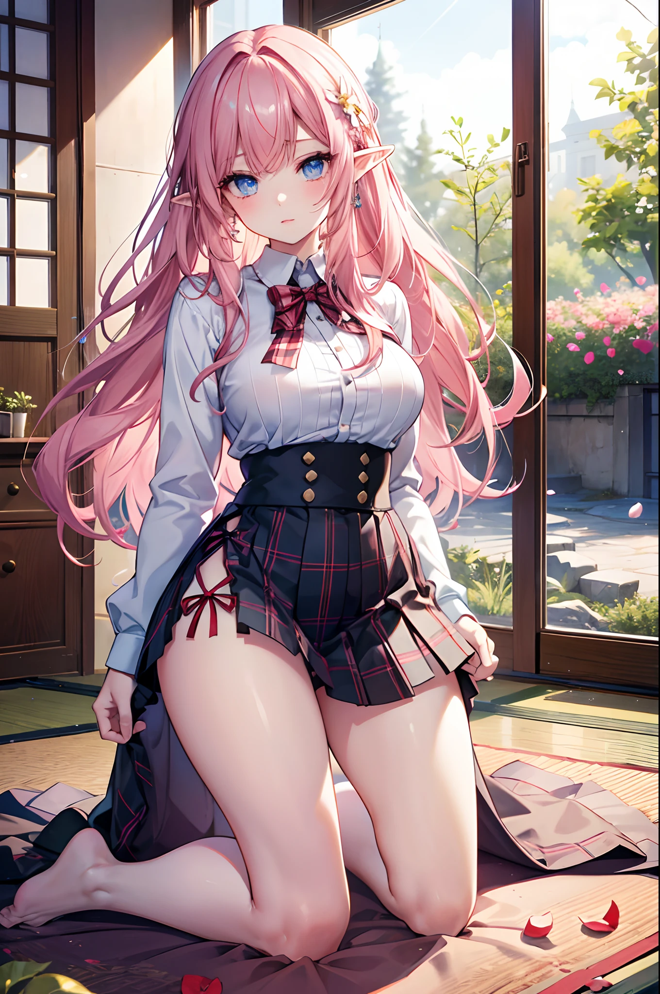 Realistic and detailed image of an elf in a school uniform and plaid mini skirt. She has long wavy pinkish red hair. Light blue eyes. She has earrings, long eyelashes. She has full lips, medium breasts, slim waist, very wide hips and thick thighs. view of buttocks. Back arched. She is kneeling on a tatami next to a garden with flower petals.