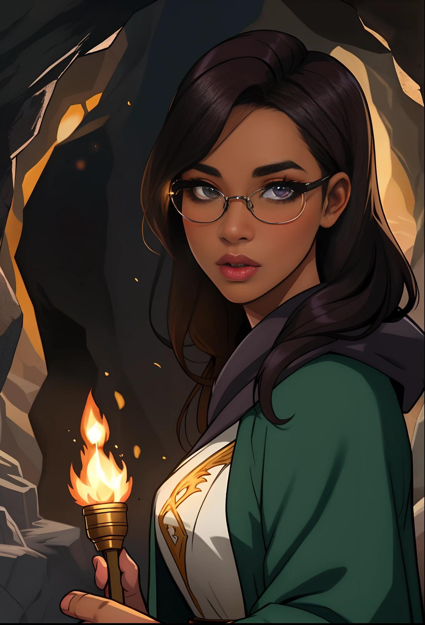 Human female, dungeons and dragons, dark cave, holding torch, cleric robes, glasses, dark skin, 30 year old woman, large nose, thick lips, eyeliner, large eyelashes,