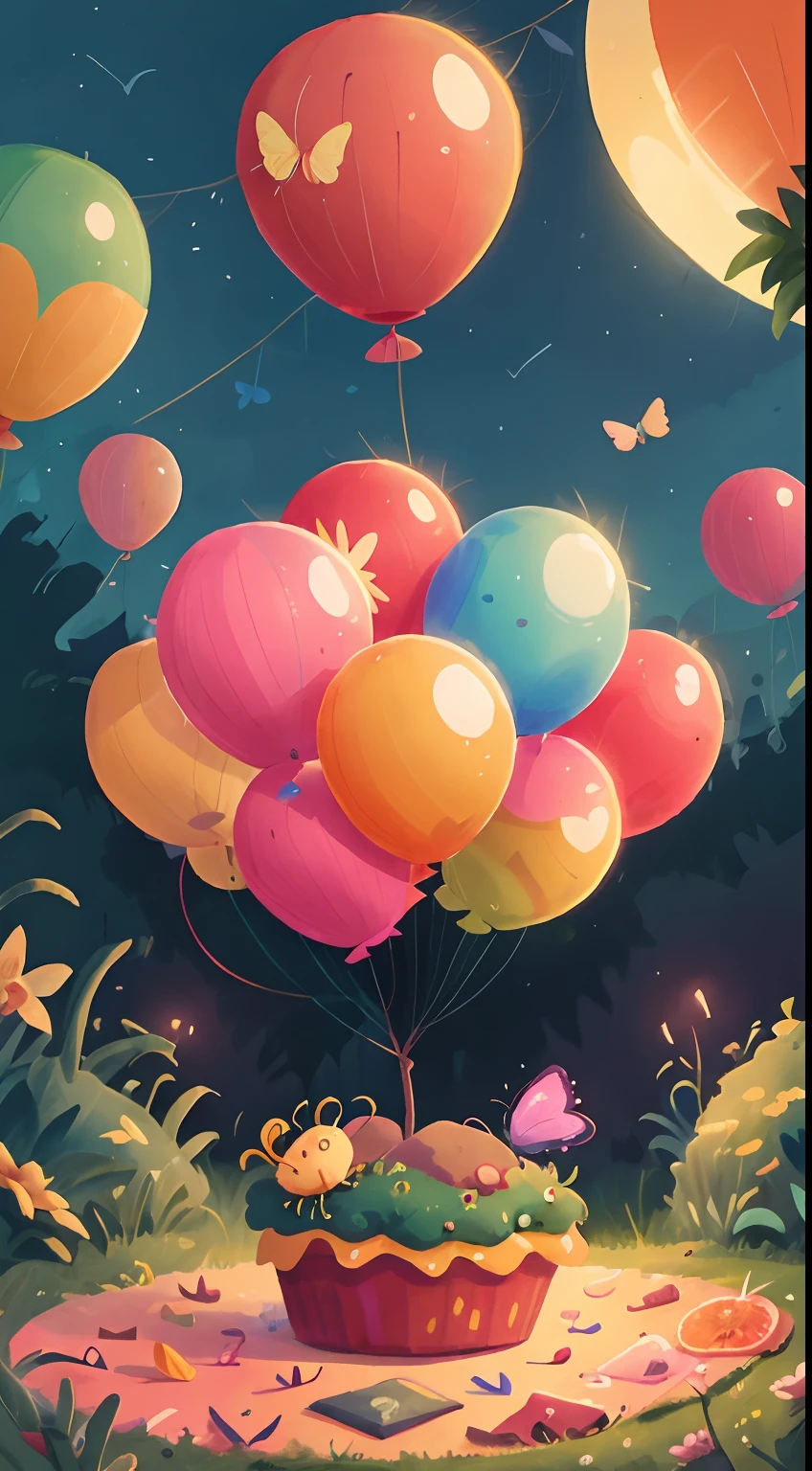 butterfly, minimalism, night, balloons, warm feeling, spacious, sky, blue, pink, pastel yellow, bright theme, birthday, word “U”, HD, 4K