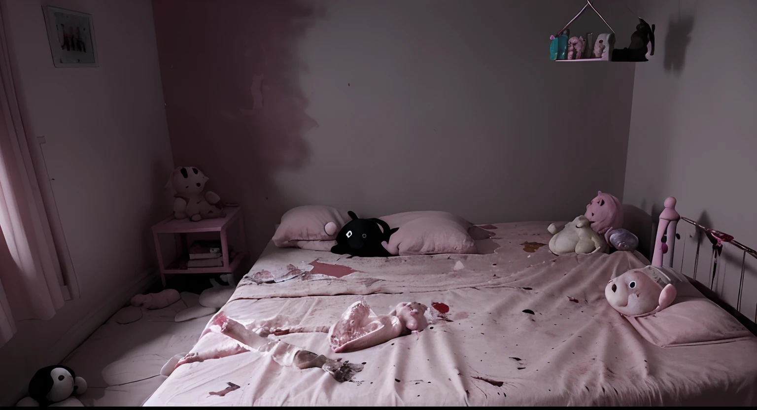 room without light, pink bed, cute room, traumacore, blood stains, girl's room, stuffed animals, dark and shadows, with no one many blood stains on the bed, One bed, no bright
