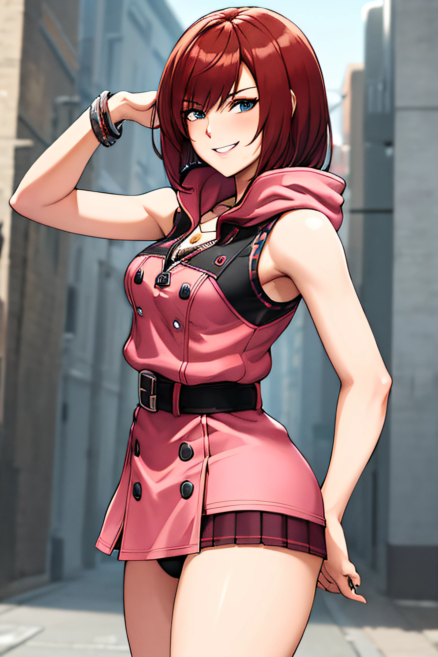 masterpiece, best quality, highres, cckairi, medium hair, necklace, bare shoulders, hoodie, buttons, sleeveless, bracelet, belt buckle, black belt, pink skirt, standing, cowboy shot, town, street, smile, bubble butt, thick thighs, perfect butt, panties, smirk, hot,
