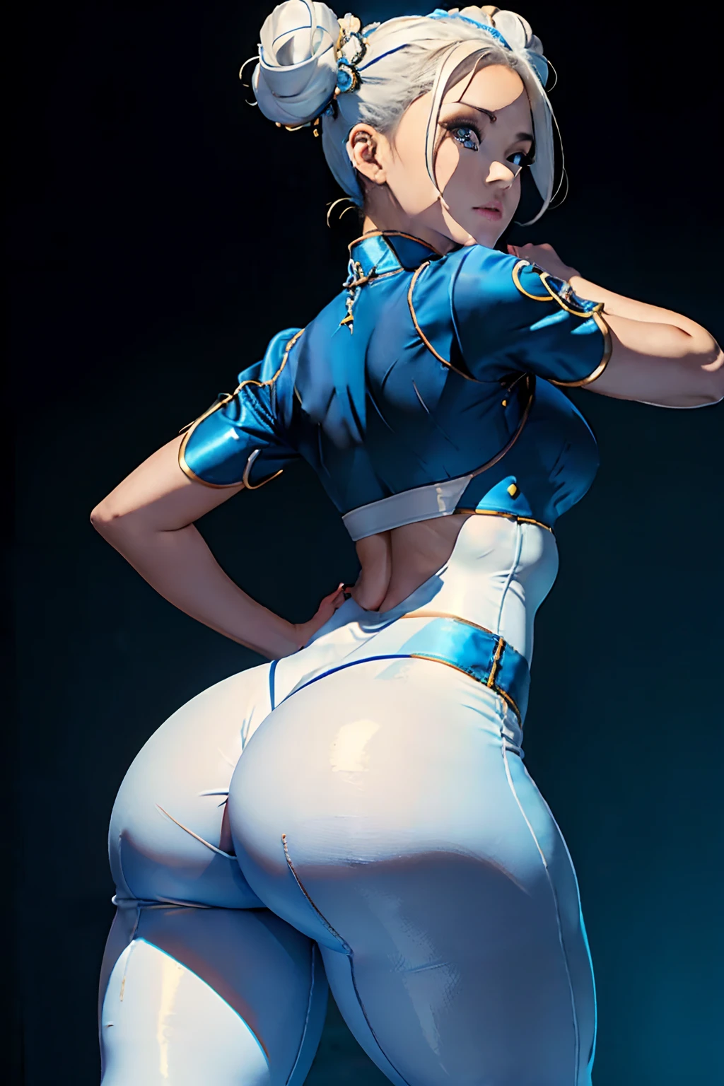 Masterpiece, 8k, ultrahd, 1girl, double bun hair, white cheongsam, blue spandex legging, butt to camera, curvy body