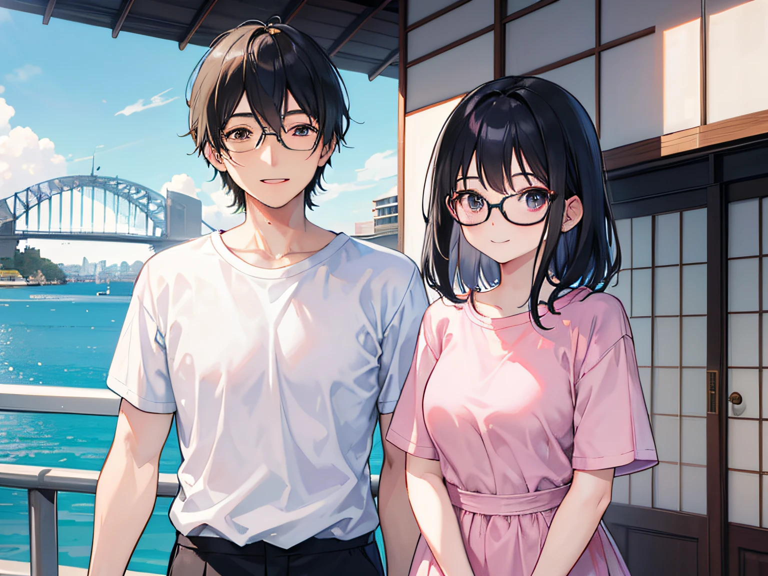 A young Japanese couple at the Sydney Opera House. The husband has black hair with bangs, wears glasses, and a blue T-shirt. The wife has medium-length black hair, wears glasses, and a pink T-shirt. They both have smiles on their faces. They are clean-shaven and have no children.
