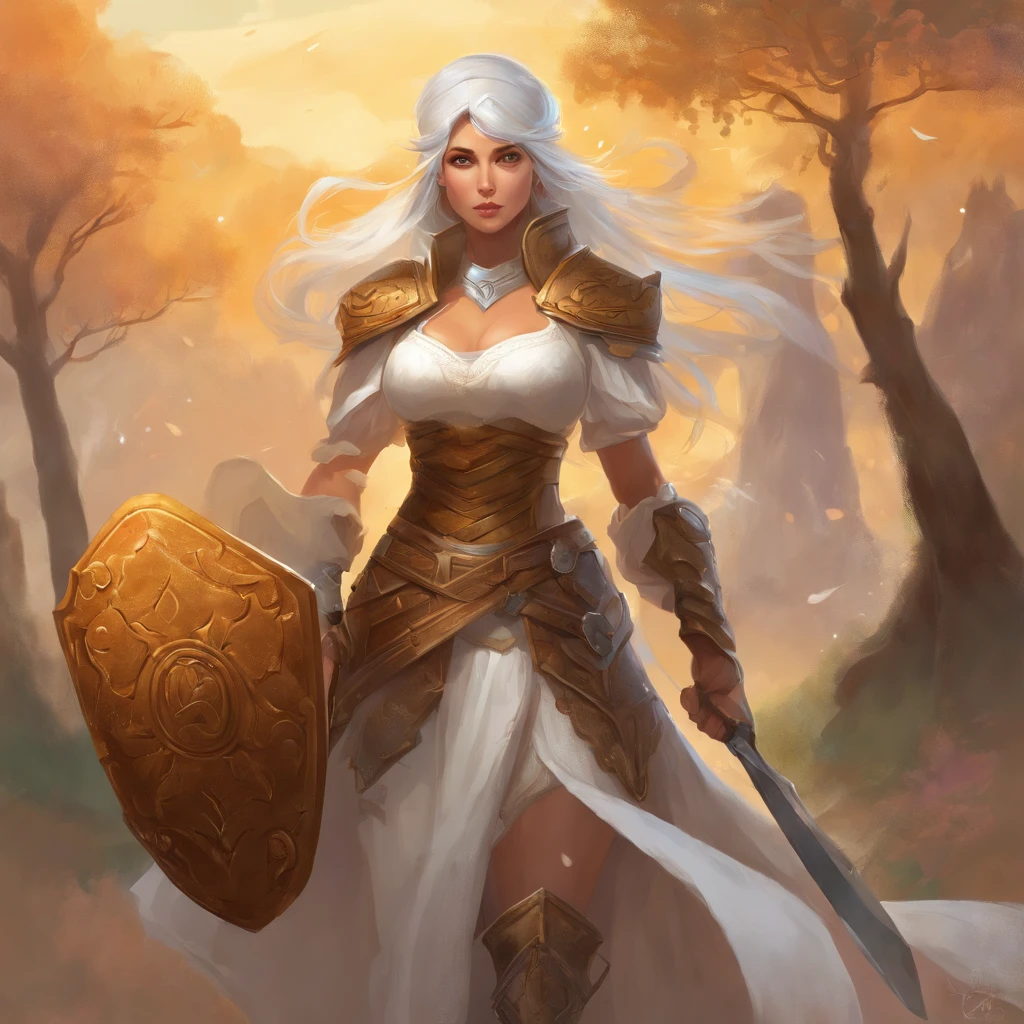 (A detailed illustration),(Anatomically amazing body),(Combat stance),(Beautiful girl with white hair),Long bangs,Black eyes, large tits, Wearing a white chef hat, Wear under armor,(Please wear a coat),(Wearing armor pants),Wearing chest armor,Wearing armor with a long skirt,Please wear foot armor and armor pants,(((Holding a long spatula in her right hand))),(Right hand next to right hip),The left hand is next to left hip, (((Holding a large rectangular shield that looks like a cookie sheet in left hand))), Combat stance, Eyes that resist grief,Sublime soul,Strong will, background is a battlefield, medieval, fantasy