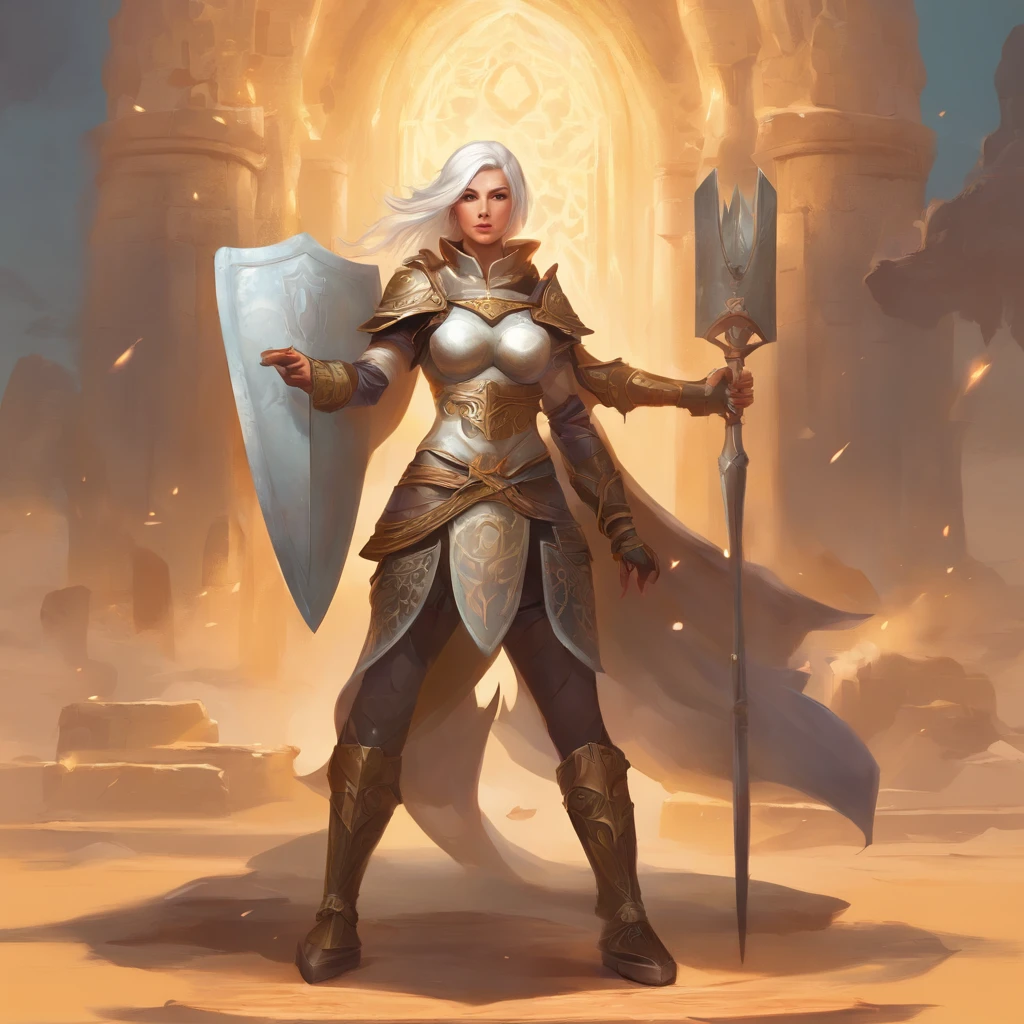 (A detailed illustration),(Anatomically amazing body),(Combat stance),(Beautiful girl with white hair),Long bangs,Black eyes, large tits, Wearing a white chef hat, Wear under armor,(Please wear a coat),(Wearing armor pants),Wearing chest armor,Wearing armor with a long skirt,Please wear foot armor and armor pants,(((Holding a long spatula in her right hand))),(Right hand next to right hip),The left hand is next to left hip, (((Holding a large rectangular shield that looks like a cookie sheet in left hand))), Combat stance, Eyes that resist grief,Sublime soul,Strong will, background is a battlefield, medieval, fantasy