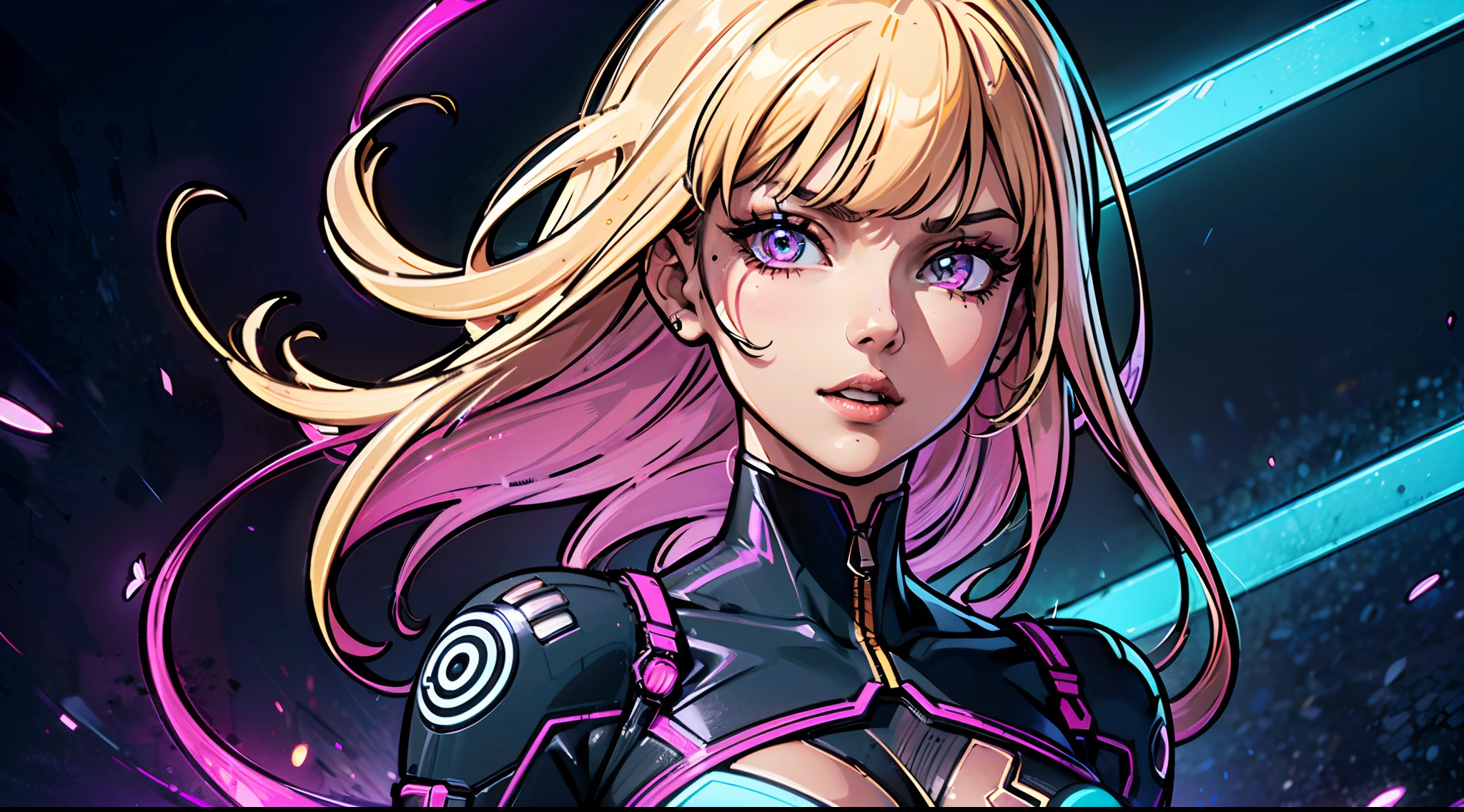 beautiful, linework, thick outlines, strong shadows,(1 girl,solo: 1.3), adult woman, (detail eyes:1.3), upper body, night, (neon background:1.2), happy, clean design, upper body, front split dress,