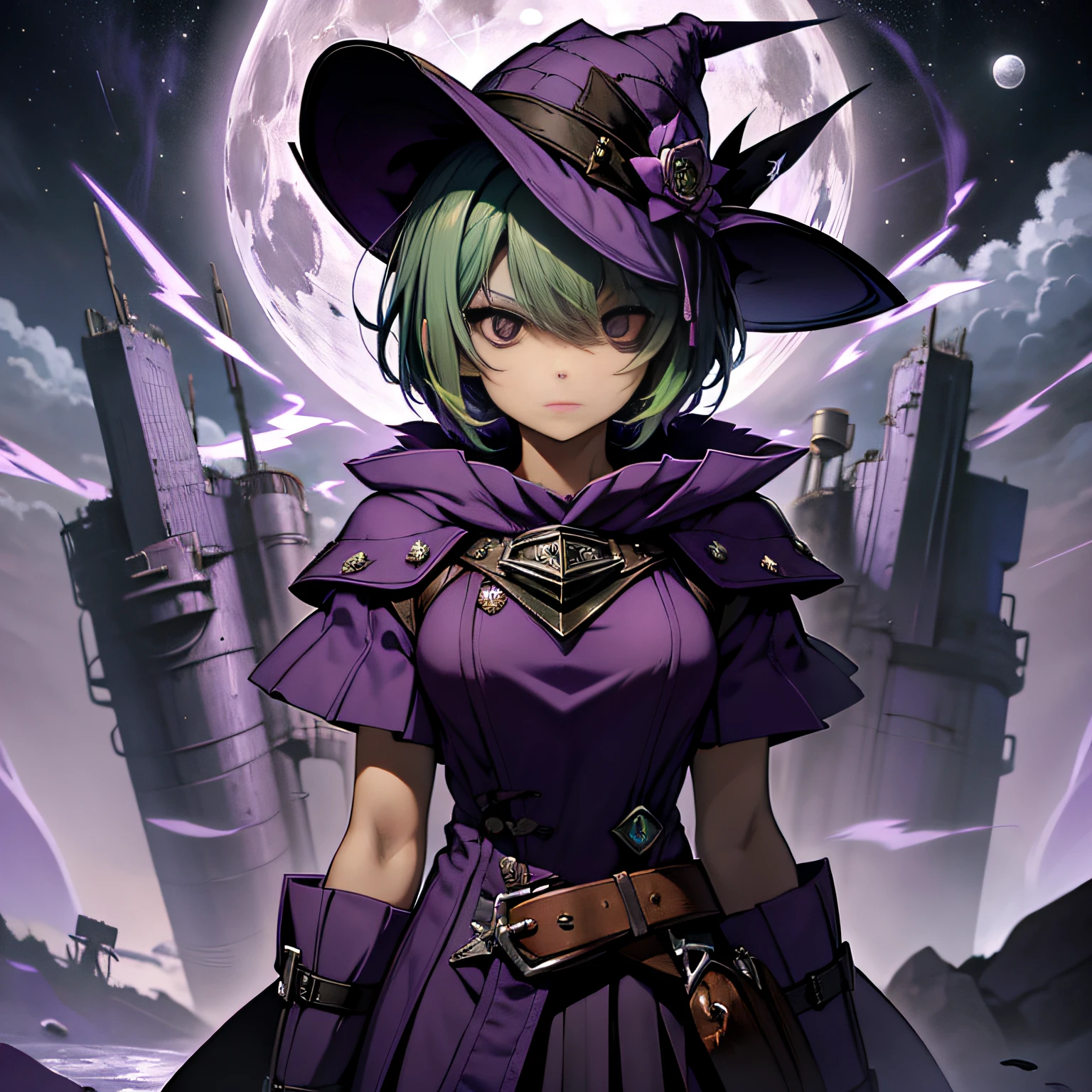 top-quality、extremely delicate and beautiful、(A teenage girl)、Purple Eye、Green hair、short-haired、(purple witch hat)、Purple tie、Soio、shortsleeves、Purple skirt、Purple Wizard Robe、Navel、is standing、Facing the front、Expression of hatred、Full moon night on background、Only eyes
