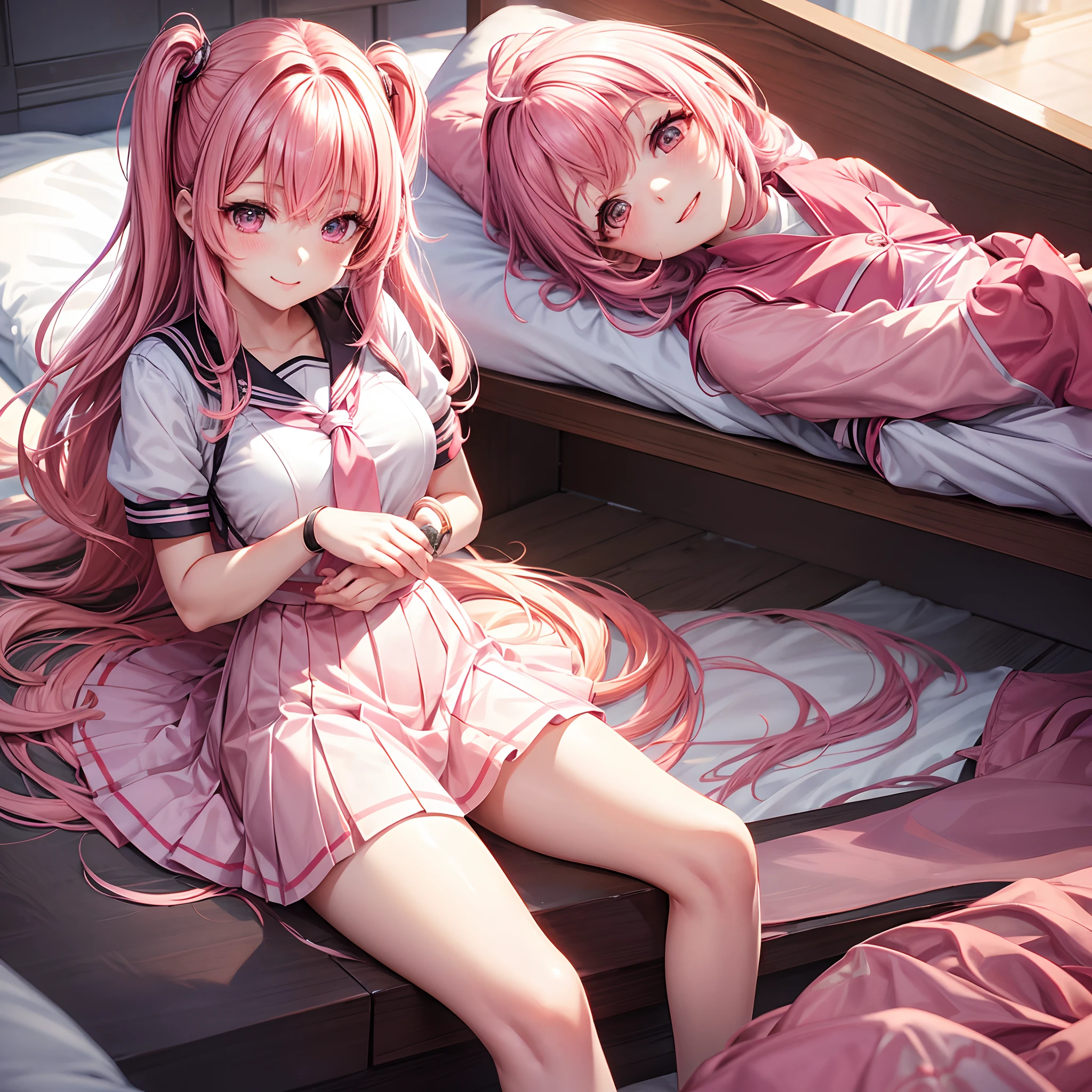 kisara,a beauty girl,Pink hair,Cute Uniform,smil,a bed,beautiful a girl,yandere,Possessiveness,Perfect Beautiful Girl,超A high resolution,masterpiece,Long,Happy Beautiful Girl,