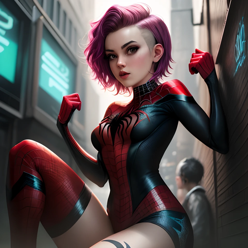 A punk girl who happens to be spiderwoman and has cyber netics