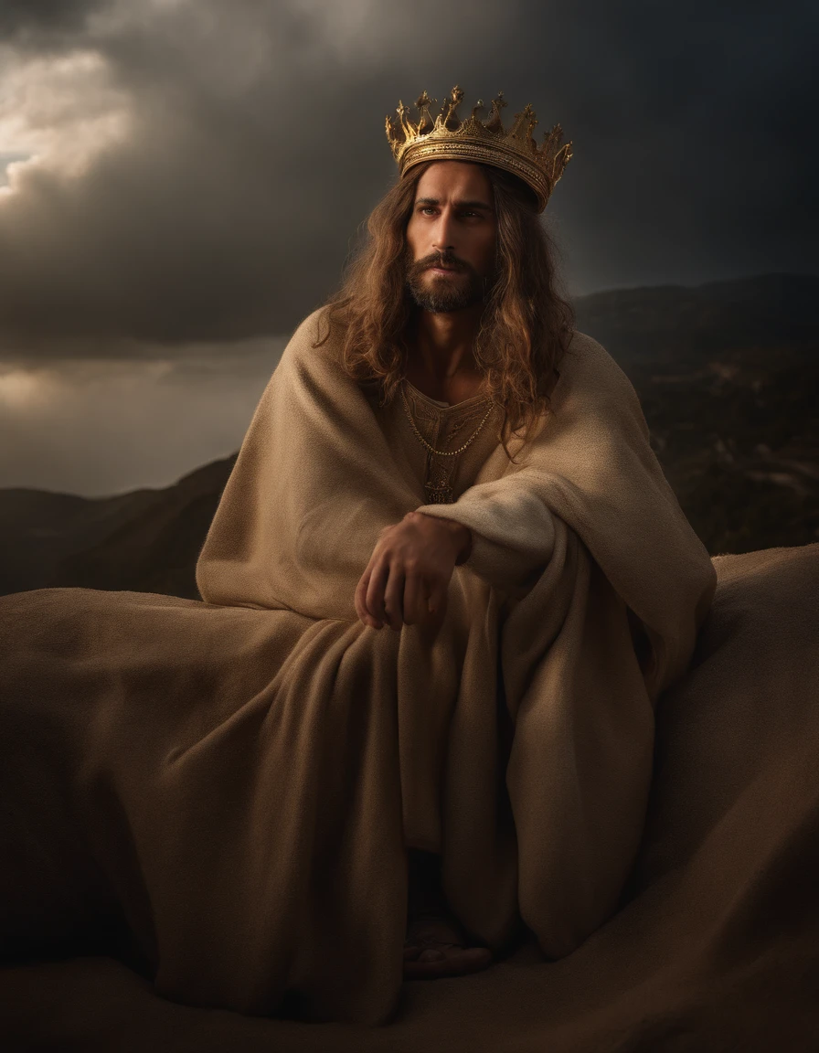 Uma foto fotorrealista capturando Jesus de nazare em cima de um cavalo, with a panoramic view looking directly at Him. ((Golden crown on his head and an iron scepter in his right hand)). The focus of the image is on the splendor of Jesus as He looks down on the earth. The scene takes place in the sky, com varias nuvens e anjos ao fundo. Lighting should be dramatic, enfatizando a intensidade emocional do momento, with rays of sunshine breaking through the clouds to create a sense of divine presence.