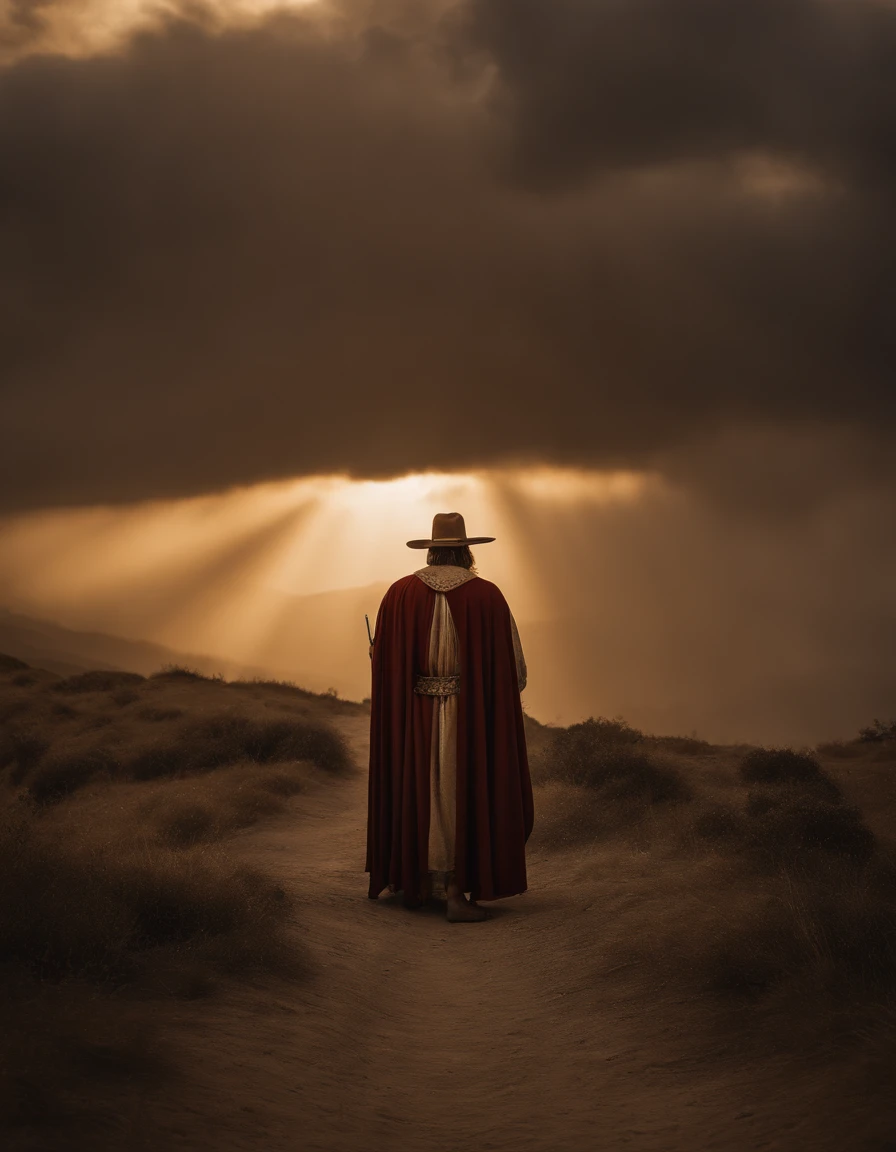 Uma foto fotorrealista capturando Jesus de nazare em cima de um cavalo, with a panoramic view looking directly at Him. ((Golden crown on his head and an iron scepter in his right hand)). The focus of the image is on the splendor of Jesus as He looks down on the earth. The scene takes place in the sky, com varias nuvens e anjos ao fundo. Lighting should be dramatic, enfatizando a intensidade emocional do momento, with rays of sunshine breaking through the clouds to create a sense of divine presence.