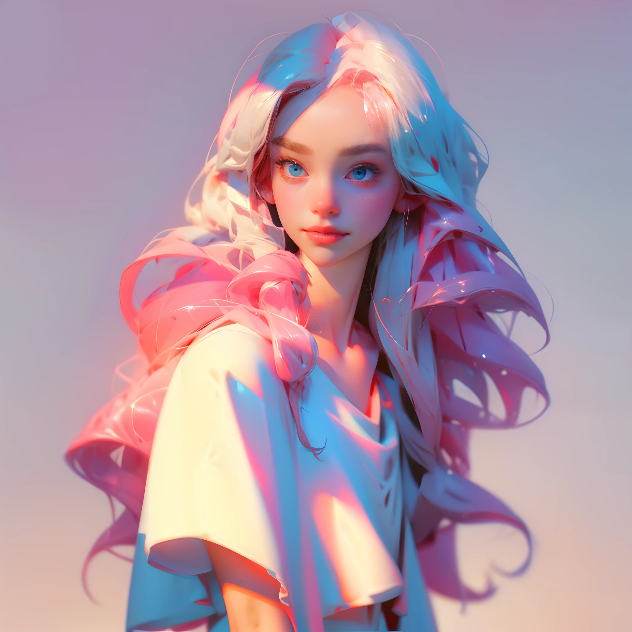 blue color eyes,dressed in a white t-shirt,A half body,Pink Long Hair,ssmile,adolable,Playful