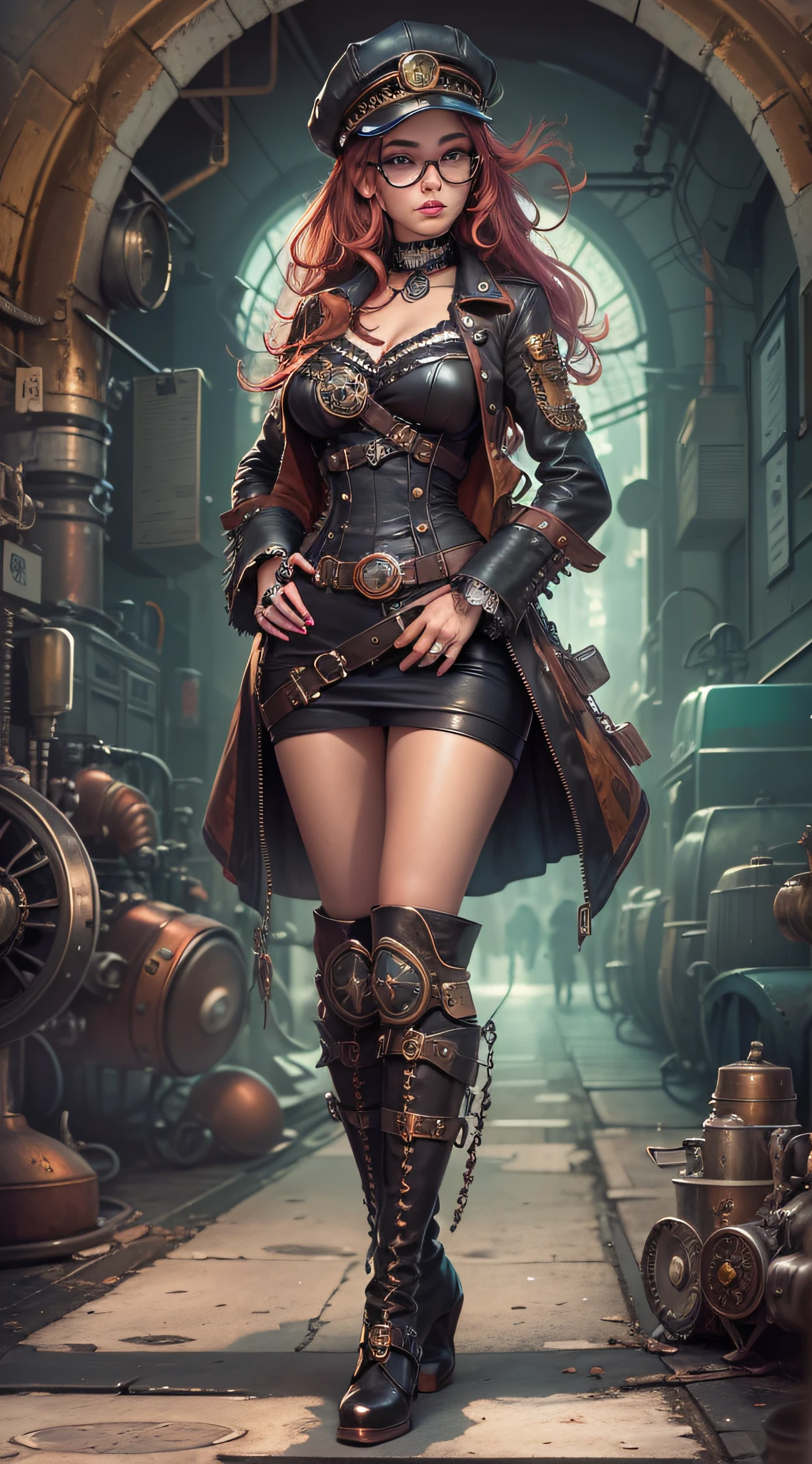 Em um mundo de fantasia steampunk, uma mulher com um estilo punk a vapor assume o centro do palco enquanto caminha por uma rua intrigante. She is dressed in a flawless black leather outfit adorned with gleaming metallic accents, que a destacam na paisagem. Its accessories are a work of art in itself, with stylized aviator glasses, luvas de renda, and knee-high boots that echo the retro-futuristic aesthetic of steampunk.

Seus cabelos longos e escuros caem graciosamente sobre seus ombros, acentuado por destaques coloridos que adicionam um toque de rebeldia ao seu visual. Her eyes look at the camera with a confident and defiant expression, Revealing the determination that drives her in this intriguing world.

The scenery around it is a street adorned with giant gears, steam pipes and peculiar mechanical structures. The atmosphere is saturated with copper and bronze tones, Creating an authentic and captivating steampunk scene.

In this extraordinary setting, Our protagonist embodies the fusion between the elegance and style of steampunk and the bold attitude of punk. Feel inspired to create an image that captures this unique and mysterious fusion."