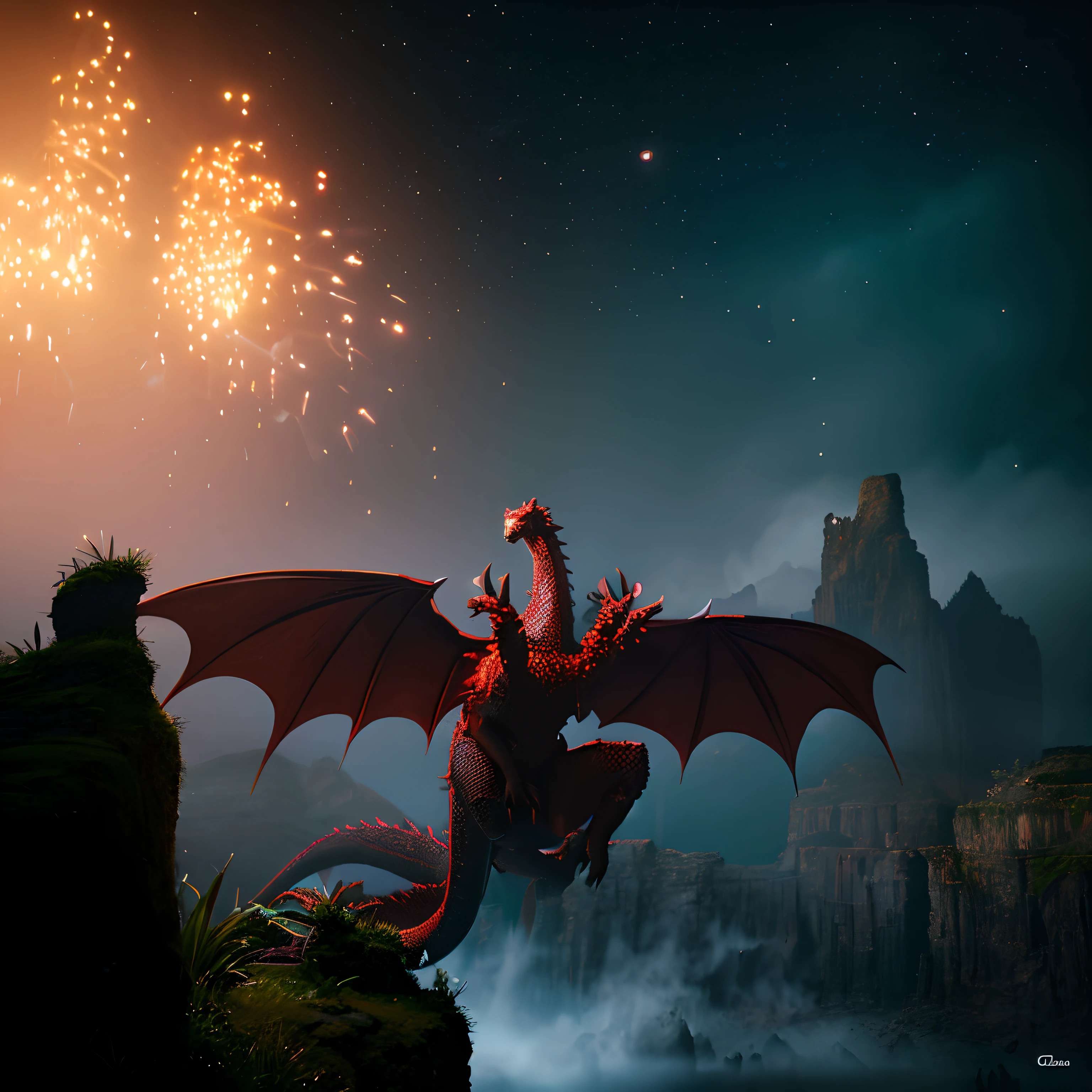 Visualize a breathtaking scene where a (massive dragon) dramatically emerges from a (virtual reality headset). This mesmerizing spectacle takes place in a (fantastical realm) filled with (amazed players), their expressions reflecting a mix of (awe) and (excitement). The environment is illuminated by (ambient lighting), casting soft (neon hues) on both the dragon’s scales and the players’ faces. The art style blends elements of (fantasy) and (realism), capturing every intricate detail in (high-definition) (digital painting). The dragon’s (powerful) presence contrasts with the delicate intricacy of the headset.