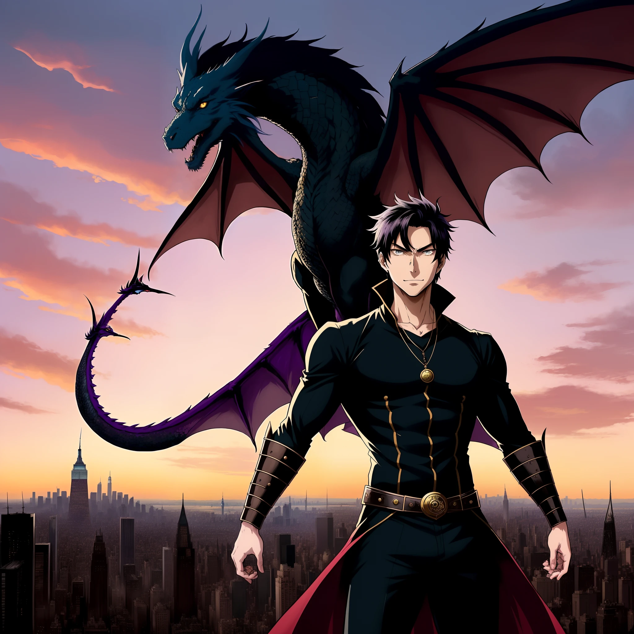 Webnovel cover/anime/charcter

At the forefront of the cover stands the main character, Alistair, in his human form. He is depicted with his distinctive features, his plain black hair, and an air of determination in his eyes. Alistair is shown in a dynamic pose, symbolizing his journey and the strength of his resolve.

Behind Alistair, the backdrop is split into two halves. On the left side, the fantastical world of Arion is brought to life. Towering, majestic dragons with shimmering scales soar through the vibrant, magical skies. A radiant, swirling portal serves as the gateway between the realms, connecting Earth and Arion.

On the right side of the cover, the urban landscape of Earth, specifically New York City, is portrayed in vivid detail. Skyscrapers rise into the sky, while a violet sunset bathes the city in a warm, otherworldly glow. The cityscape blends seamlessly with the fantastical elements, highlighting the duality of the Dragonborne's existence.

Hovering ominously above the Earth's skyline are the Marauders, depicted in shadowy silhouettes. They cast an ever-present threat over the story, their presence and intentions shrouded in darkness.

Between the two worlds, Alistair is shown with one foot in each realm, representing his unique position as a bridge between two dimensions. He holds a faint, but resolute, smile on his face, conveying his determination to protect Earth and seek revenge against the Marauders.