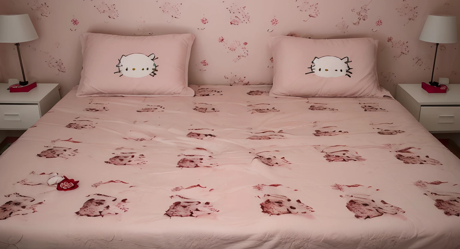 Muitas manchas de sangue, manchas de sangue na cama, manchas de sangue no travesseiro, quarto escuro, quarto rosa, quarto da hello kitty, a single bed, sem janelas, sem luzes, With no one in the room, assustador, muitas manchas de sangue pela cama