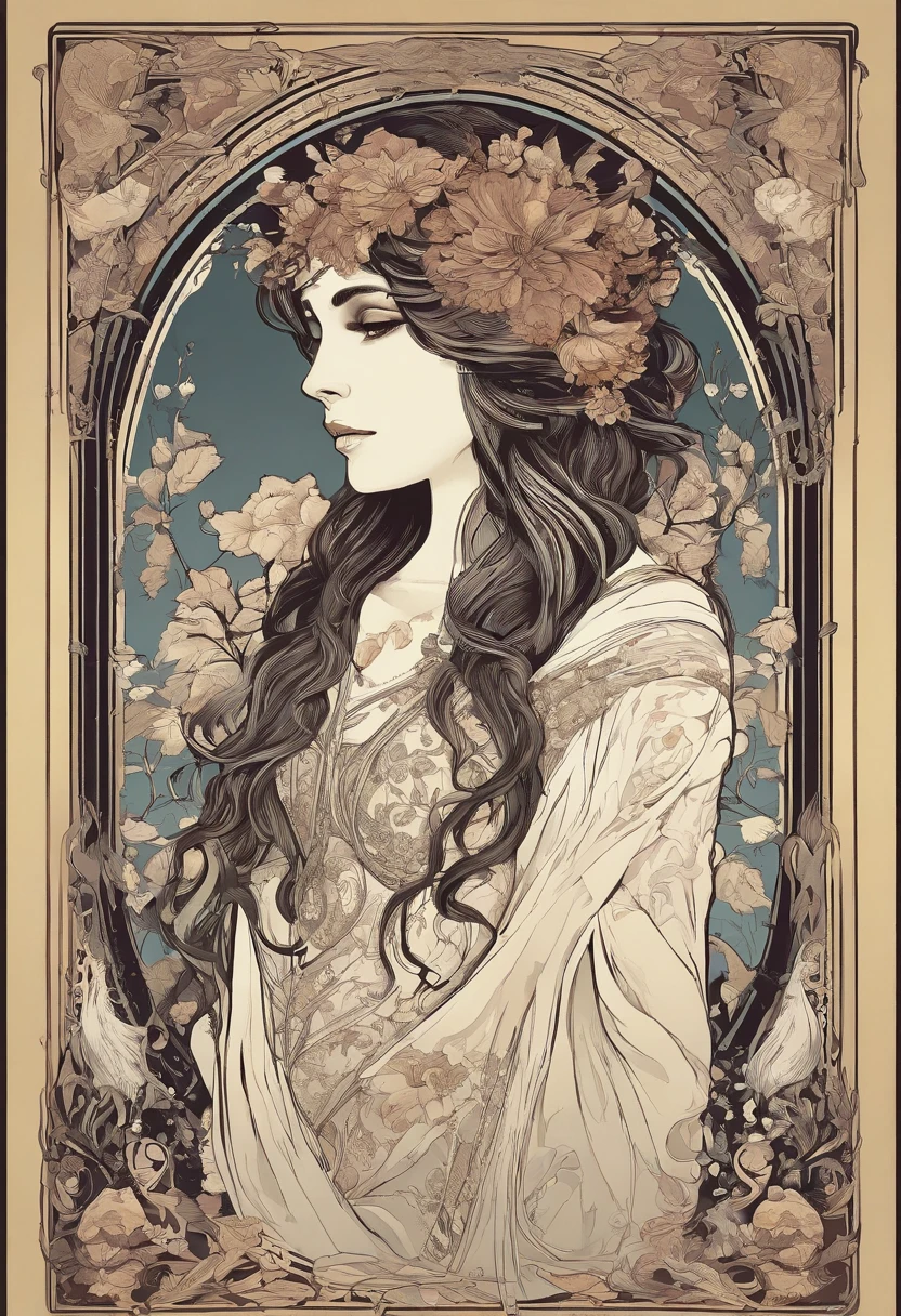 8k.Poster illustration in the style of Alphonse Mucha, mujer gotica, diosa de la muerte, pelo negro, piel palidaPintura plana, Hermosa mujer occidental en vestido largo lila hasta los tobillos, Emmawatoso,sosteniendo un ramo de lirios blancos,cuerpo completo como,Cuerpo delgado,descalzo,Modernismo, Plantas en el fondo, NFSW, Masutepiece, Alfonse Mucha, Detalles altos