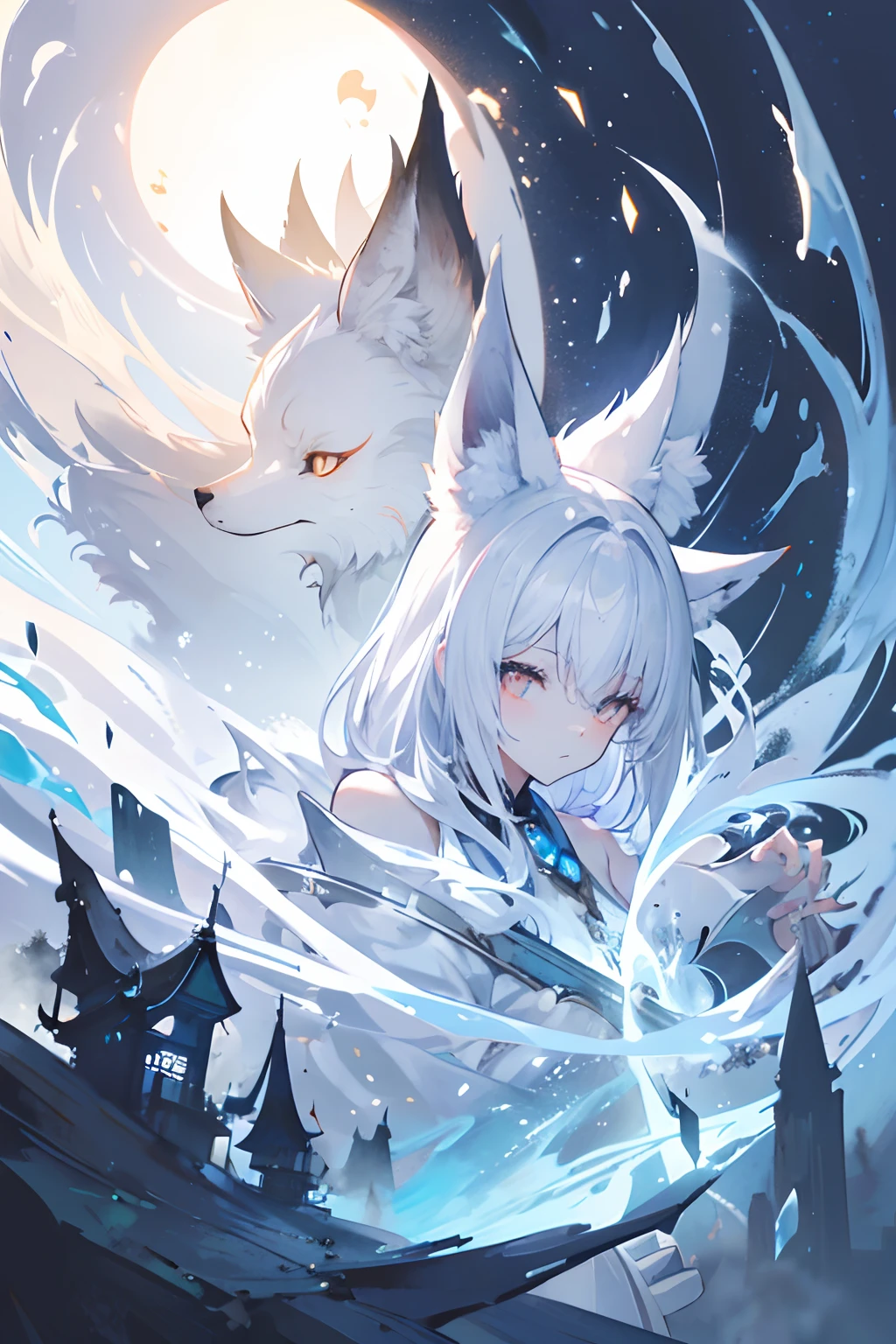 Drawing a white fox、A fox with a majestic appearance and mysterious atmosphere, The fox looking down on us in a solemn atmosphere、Create an illustration of a fantastic shrine gate shrouded in mist. Door, A mysterious white fox stares at us, Add an enchanting aura to your scene. The foggy atmosphere enhances the sense of mystery, Make your illustrations truly magical otherworldly. Light and shadow interaction, With the curious look of a fox, Adds depth to the composition, Transporting viewers to a world of wonder and fantasy.
