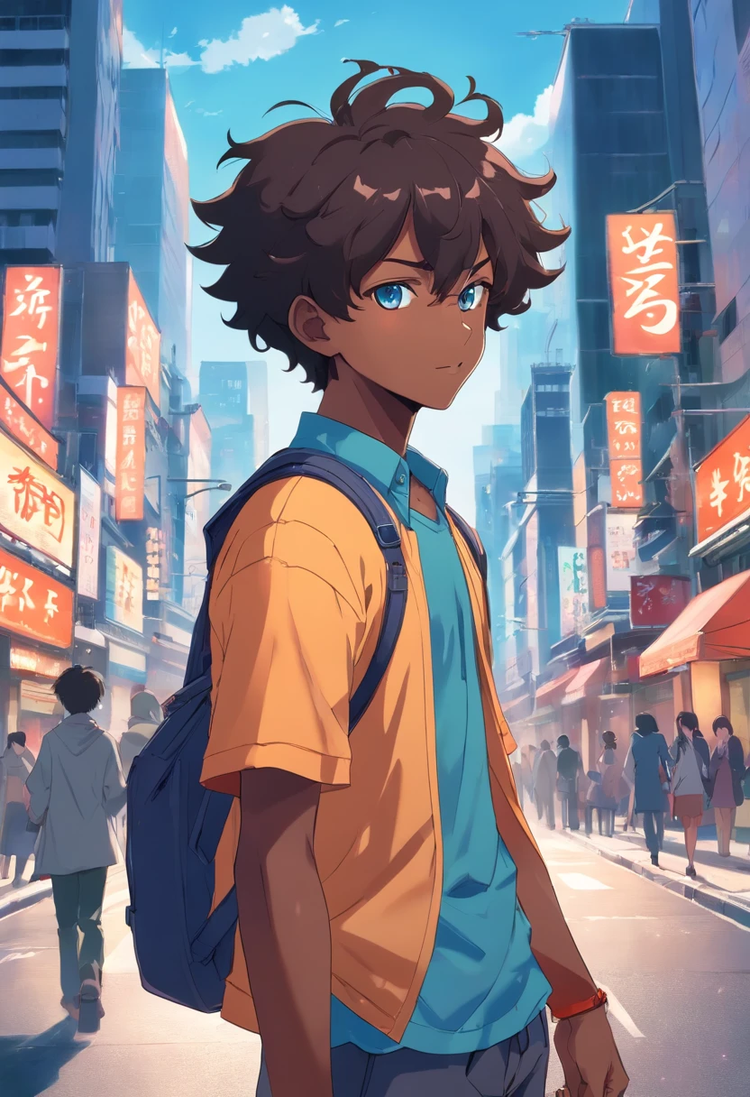 A black boy, transformed into an anime style, with exaggerated unique facial features and clothing, light blue eyes and dark curly hair, standing on a bustling city street, sword on his back, backlit background highlighting the subject, high-contrast colors, 4K high-definition quality，young, smiling, handsome