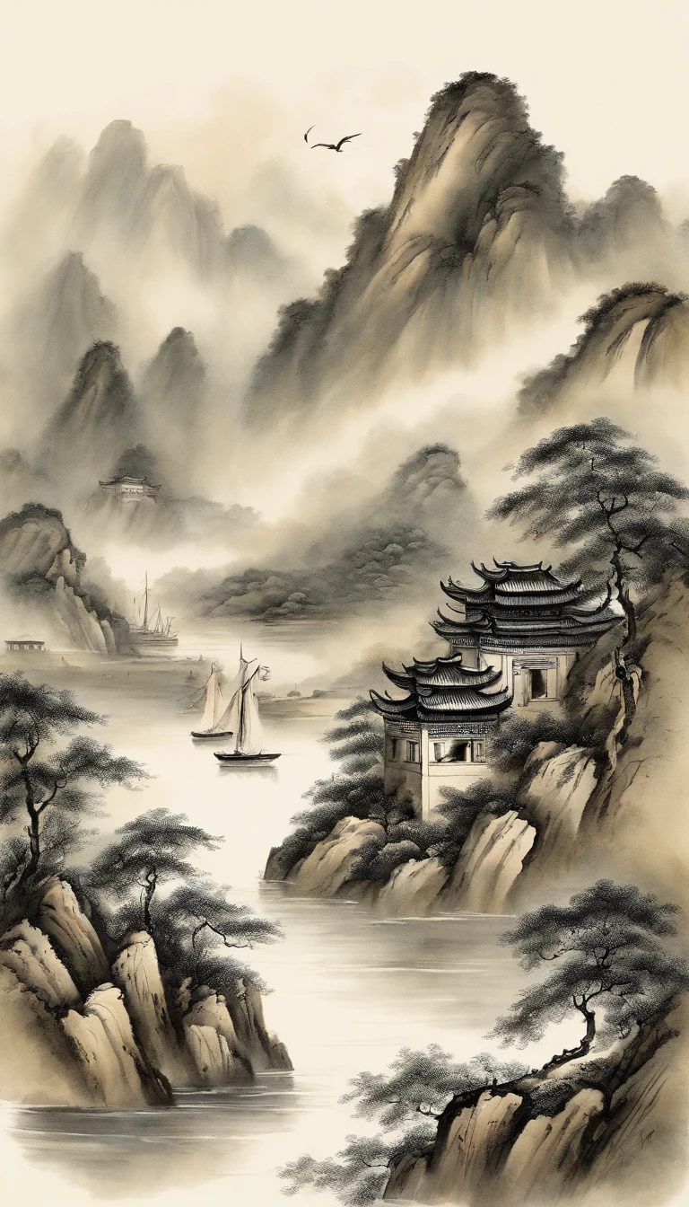 Best quality, Ultra-fine details, high resolution, Masterpiece:1.2, Immerse yourself in the beautiful landscape, Impeccable brushstrokes, Impressive ink, Adopt a wide-angle viewing angle, Breath-taking mountain views, Deep and majestic atmosphere, Beautifully depicted ships sailing through the mountains, Describe the vessel and its surroundings in detail, Traditional Chinese art, Expressing the tranquility and harmony of nature, Subtle tonal changes, Soft color palette, Gentle and warm atmosphere, Exhibited at a prestigious exhibition - Chinese ink landscape painting，The composition is stunning，emotive depth，Capture the tranquility of the mountains. Texture strokes and tonal changes are very detailed, Reveal the complexity of the ship and the beauty of the surrounding landscape. Traditional Chinese art styles create a peaceful and harmonious atmosphere，Immerse viewers in natural wonders. This masterpiece is of the highest quality, Features ultra-fine detail and high-resolution images, Make it an impressive and breathtaking work of art，Perfect to capture the essence of Chinese ink landscape painting.