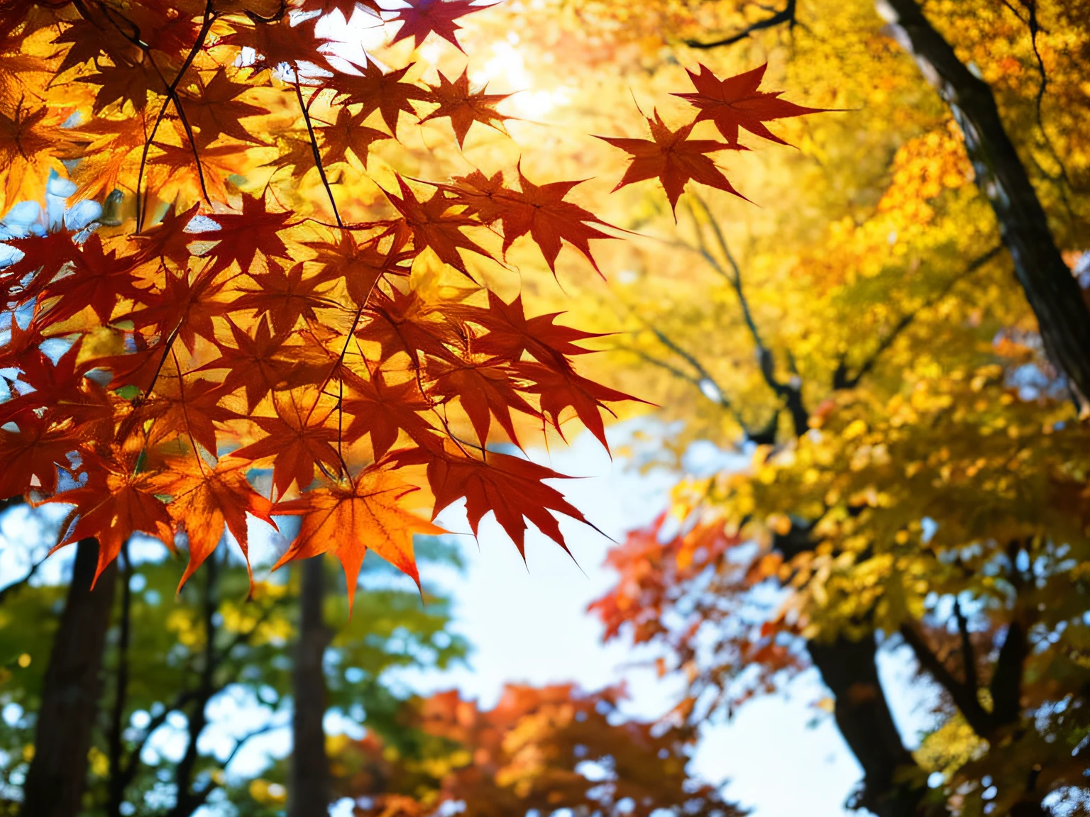 Large autumn leaves fill the screen , Beautiful Japanese maple，Gradation of autumn leaves、the woods、Background autumn foliage bokeh、