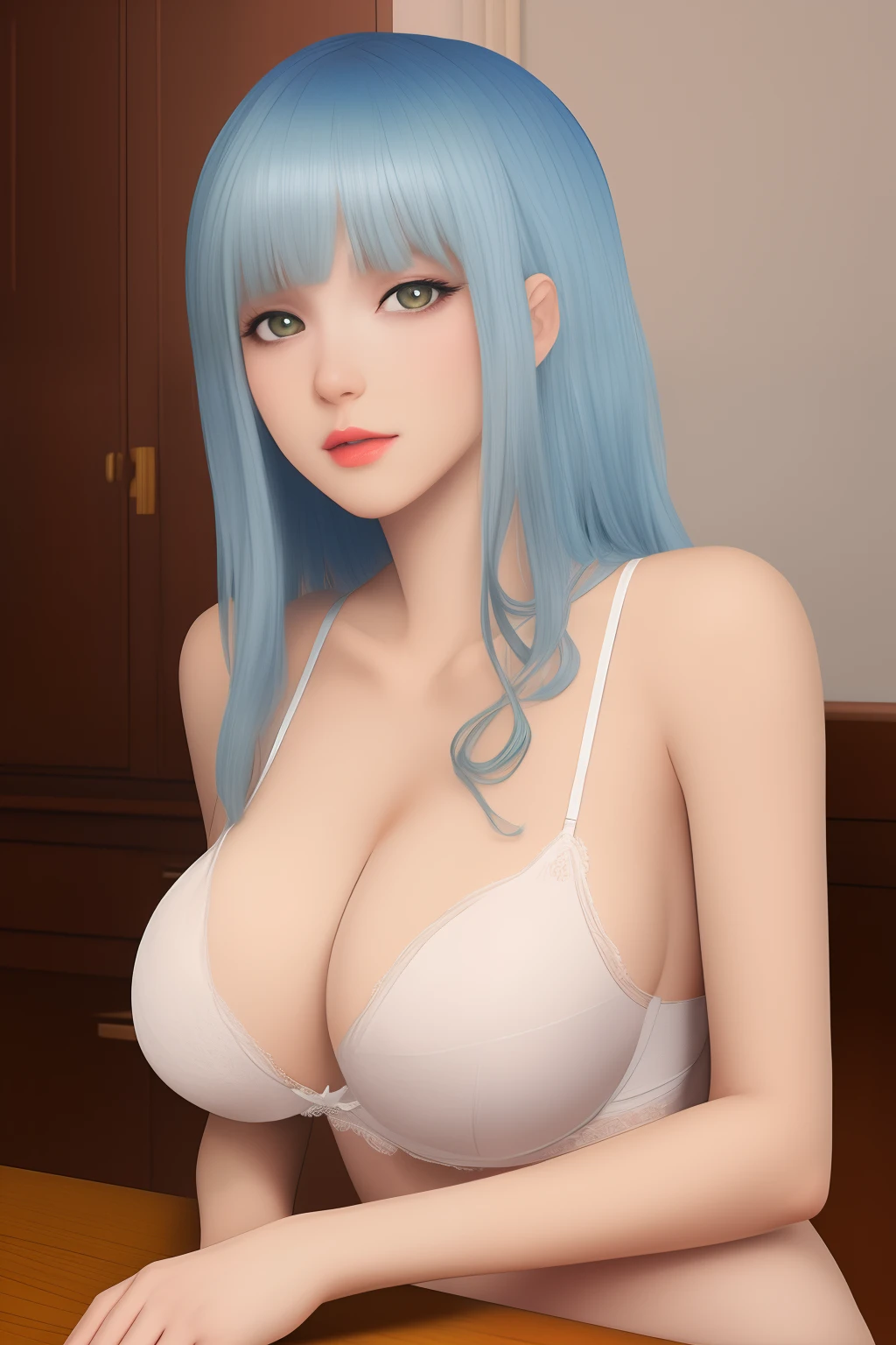 Long hair light blue hair yellow eyes massive breasts exposed cleavage rimuru hot white lingerie adult sitting on table